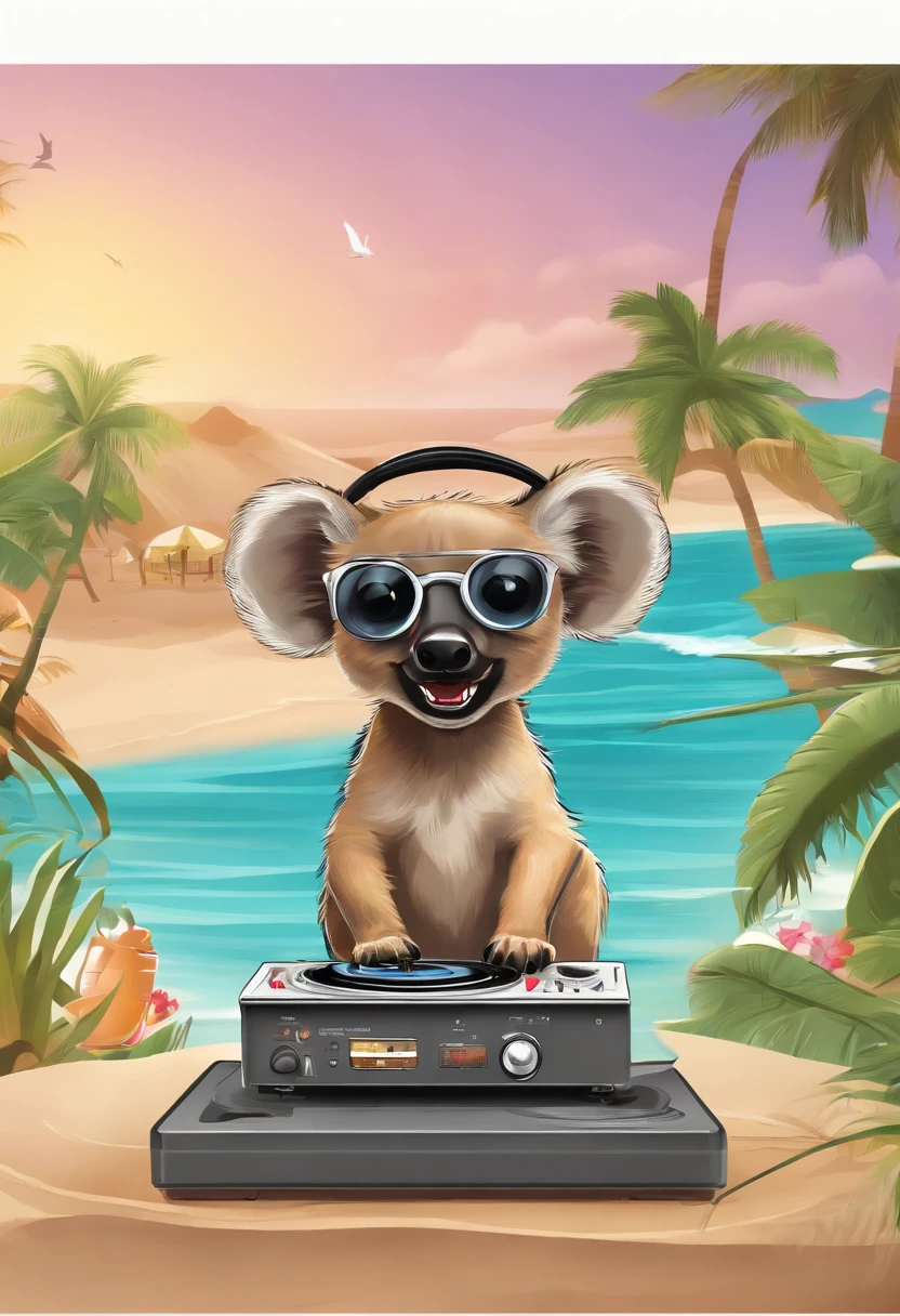 Cute stickers, hyena DJing with headphones, tropical beach, colorful, retro classic, easy drawing, stickers for 3-6 seniors