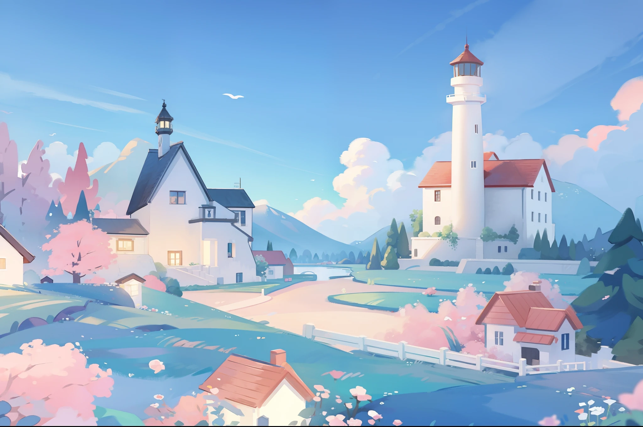 watercolor, children's storybook illustration, clouds, colorful, pastel colors, bright, ((masterpiece)), ((best quality)), 8k, intricate detail, high resolution, highly detailed environment, perfect architecture, sharp focus, highly detailed, fine detail, masterpiece, best quality, tiny details, watercolor storybook illustration, ocean fantasy, watercolor illustration, vibrant colors, village, buildings, houses, lighthouse, ships