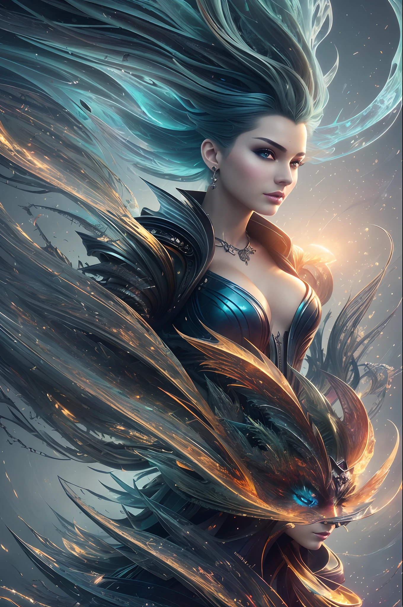 ModelShoot style, (Extremely detailed Cg Unity 8K wallpaper), Chaotic storm of liquid smoke on the head, Stylized beauty full-length abstract portrait, author:Petros Afshar, ross tran, tom whalen, Peter Mohrbacher, Art germ, Broken glass, bubbly underwater scenery, radiant light