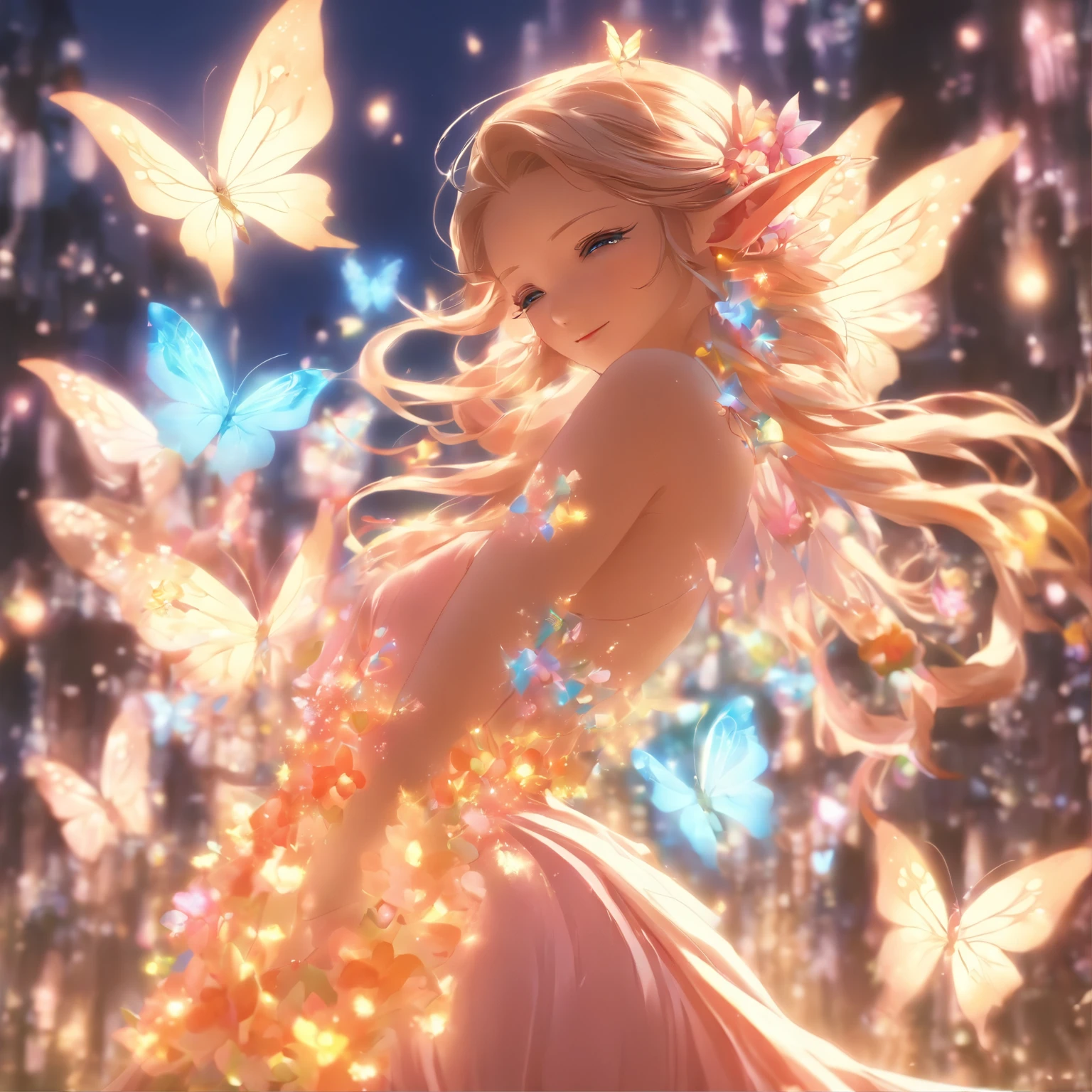 one-girl,closeup cleavage,Elves in flowers,A pair of transparent butterfly wings,Colorful wings,(A skirt composed of petals:1.5),The petals float into the sky,(Petals of various flowers),best qualtiy,tmasterpiece,Photorealsitic,Photorealistic image quality,The dawn effect,Beam light