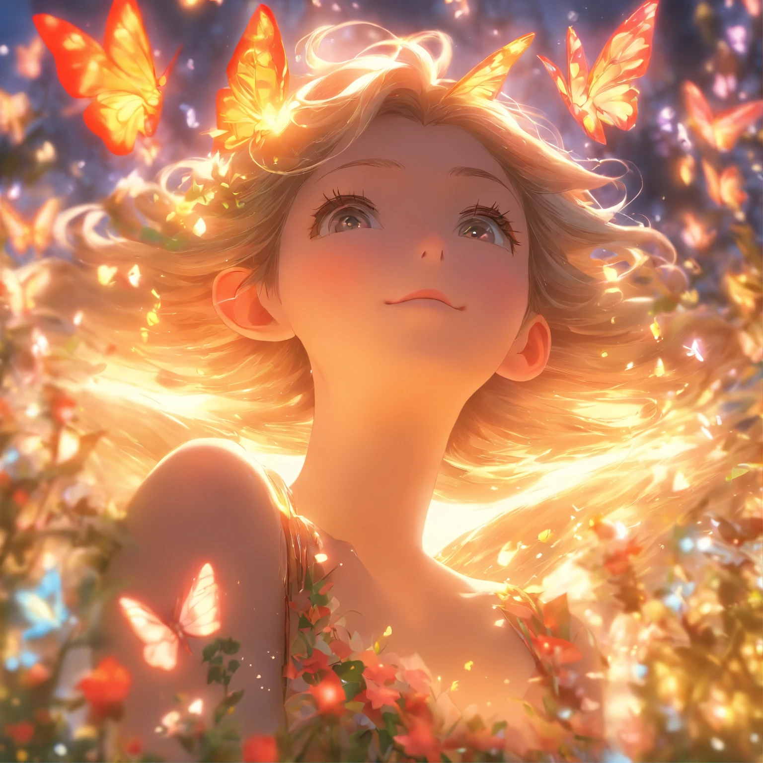 one-girl,closeup cleavage,Elves in flowers,A pair of transparent butterfly wings,Colorful wings,(A skirt composed of petals:1.5),The petals float into the sky,(Petals of various flowers),best qualtiy,tmasterpiece,Photorealsitic,Photorealistic image quality,The dawn effect,Beam light