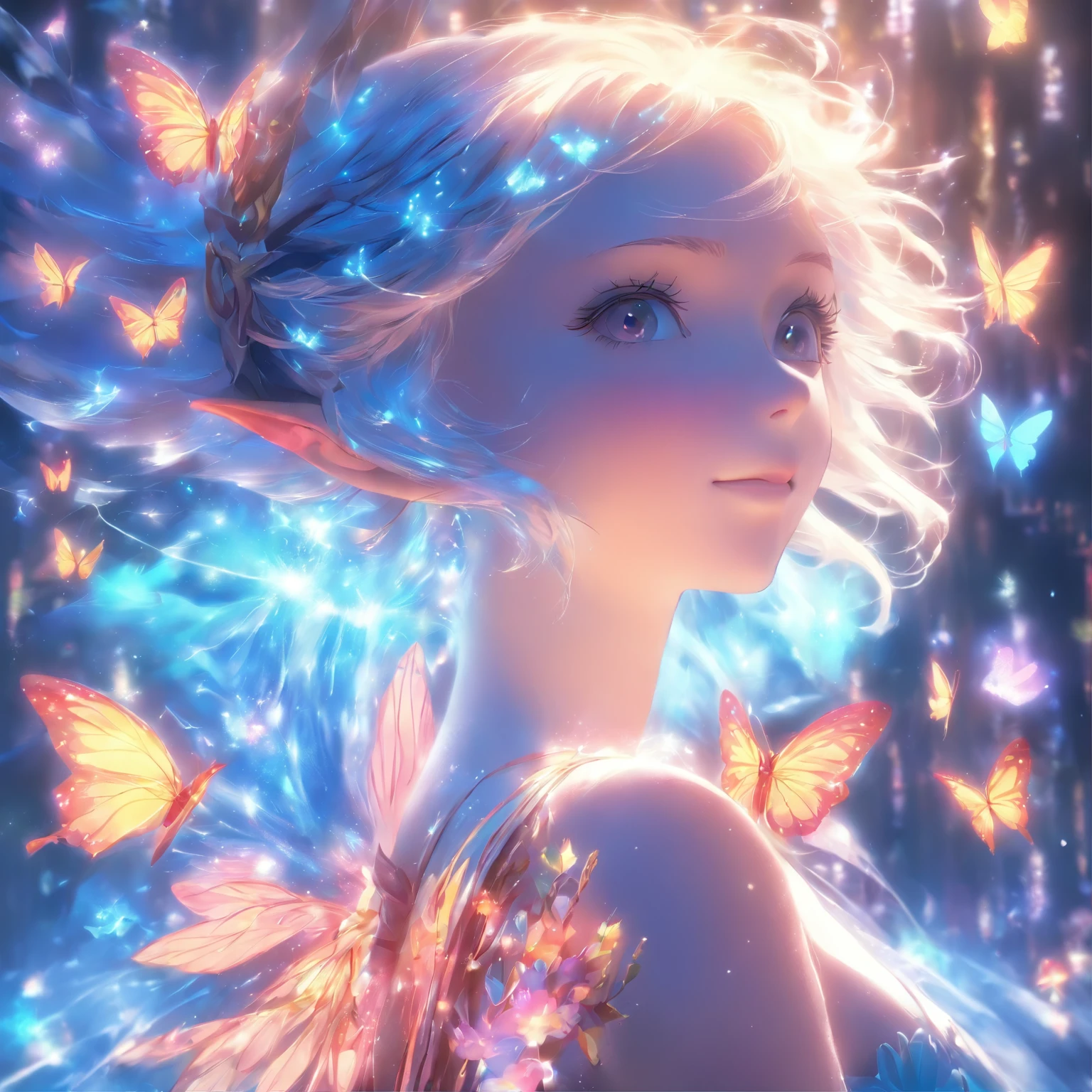 one-girl，closeup cleavage，Elves in flowers，A pair of transparent butterfly wings，Colorful wings，（A skirt composed of petals：1.5），The petals float into the sky，（Petals of various flowers），best qualtiy，tmasterpiece，Photorealsitic，Photorealistic image quality，The dawn effect，Beam light