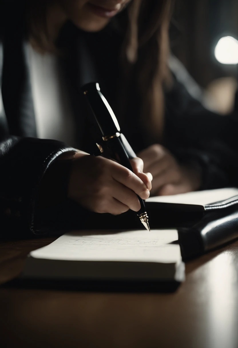 Wearing black leather gloves in both hands, upper body, black leather rider jacket, facing the desk in the dark study, looking down and smiling, writing a letter using a fountain pen, black hair long straight, young Japanese woman (black leather gloves cover both hands)
