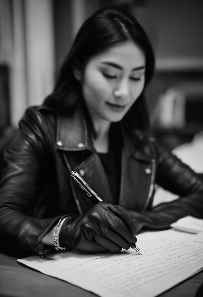 Wearing black leather gloves in both hands, upper body, black leather rider jacket, facing the desk in the dark study, looking down and smiling, writing a letter using a fountain pen, black hair long straight, young Japanese woman (black leather gloves cover both hands)