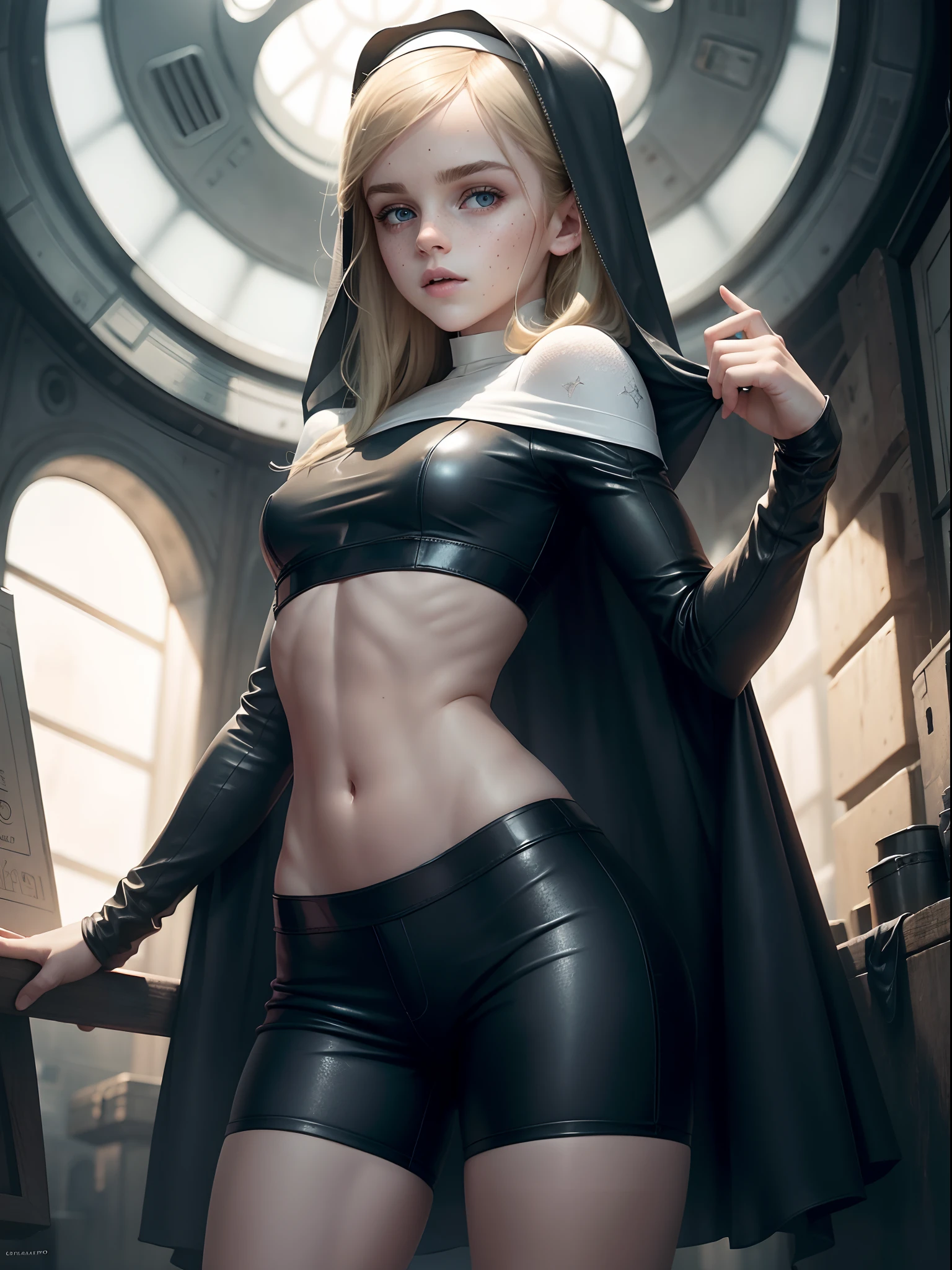 emma watson as a nun blonde. freckles. sparkly blue eyes that speak of innocence and acceptance. Slender frame and beautiful figure. tight leather shorts. crop top. outside a spaceship. ripped clothes exposing muscle. sci-fi. from the back. looking back.