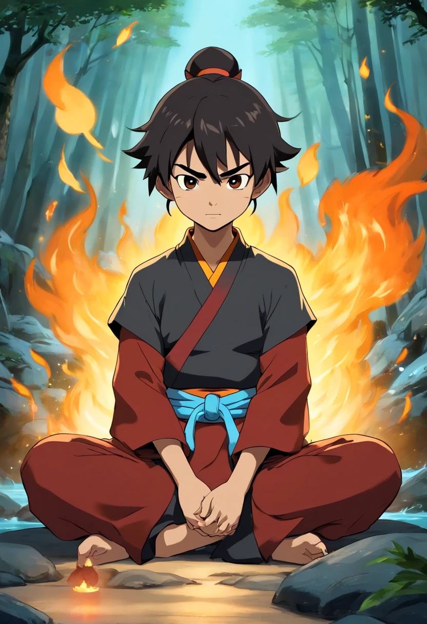 anime do studio ghibli |, melhor qualidade, anime, 1st grade, Ryu, Fire Nation Clothing, Ryu (Sopro de Fogo), masculino, universo (avatar the last airbender), sozinho, cabelos pretos, fire, Fogo azul, chamas azuis pelo corpo, Escuro, Cabelo samurai, olhos fechados, Meditando, sentado, Avatar Meditation, Meditation training, 16 anos, Fundo Cachoeira, Ryu sopro de fogo, Dominador de Fogo, - Avatar Universe or Last Airbender, mestre do fogo azul com brasa negros, roupa preta, blusa preta, luvas pretas, gola alta, black baggy puffy pants, roupa all black, camisa preta de manga comprida.