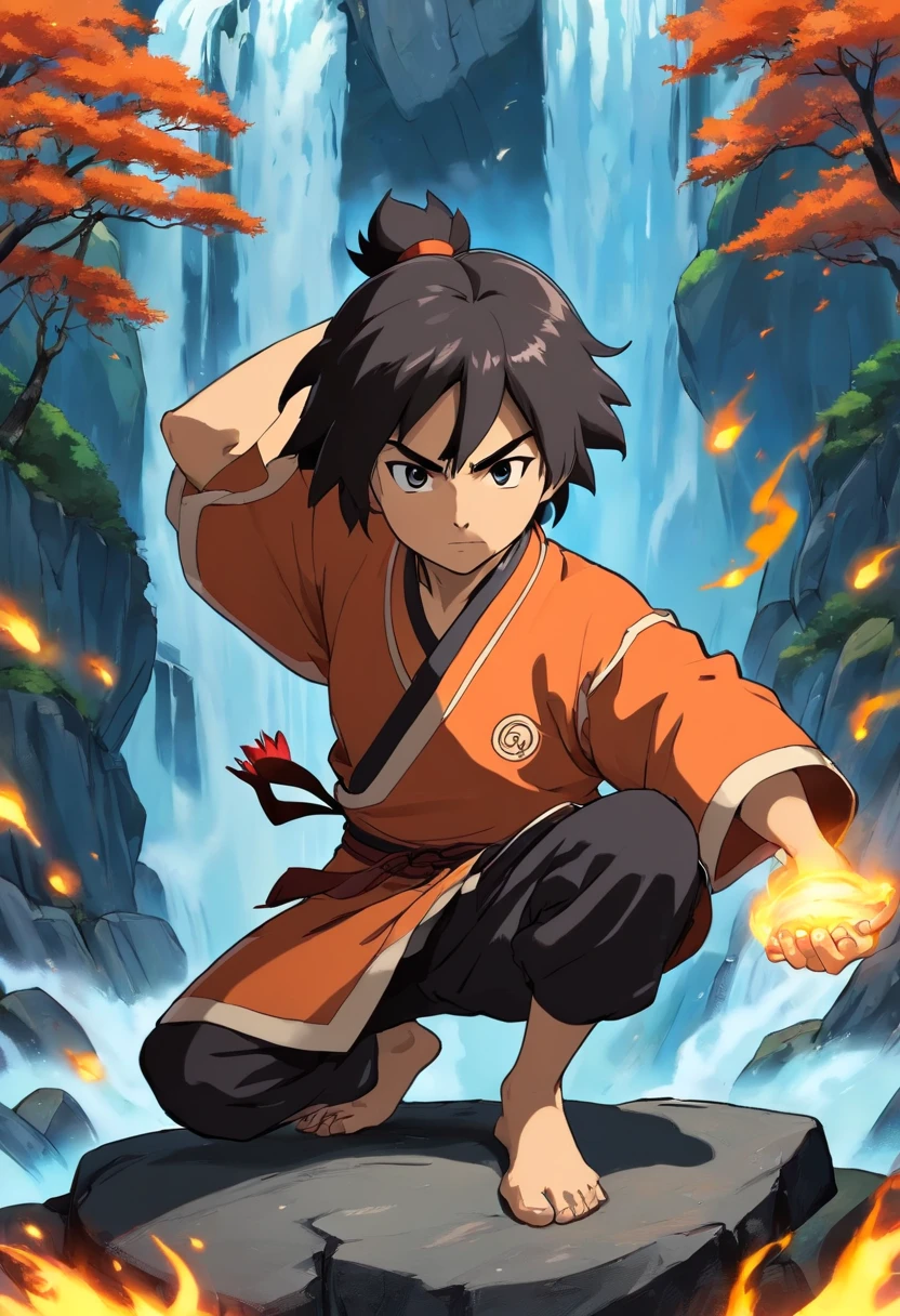 anime do studio ghibli |, melhor qualidade, anime, , Ryu, Fire Nation Clothing, Ryu (Sopro de Fogo), masculino, universo (avatar the last airbender), sozinho, cabelos pretos, fire, Fogo azul, chamas azuis pelo corpo, Escuro, Cabelo samurai, olhos fechados, Meditando, sentado, Avatar Meditation, Meditation training, 16 anos, Fundo Cachoeira, Ryu sopro de fogo, Dominador de Fogo, - Avatar Universe or Last Airbender, mestre do fogo azul com brasa negros, roupa preta, blusa preta, luvas pretas, gola alta, black baggy puffy pants, roupa all black, camisa preta de manga comprida.