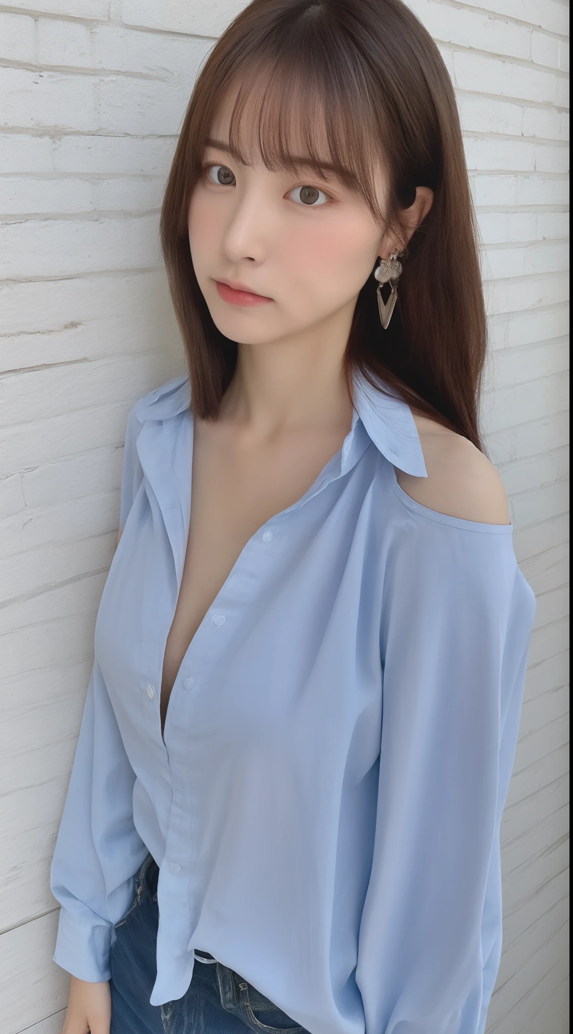 (masutepiece:1.2), Realistic, Photo of 24 years old.Girl in loose shirt(Unbuttoned shirt), half , Best Quality, Big breasts, Bare shoulders, cleavage, [[Hands hidden behind the back]], earrings, Complete shirt, Solo, [SFW],Big buttocks