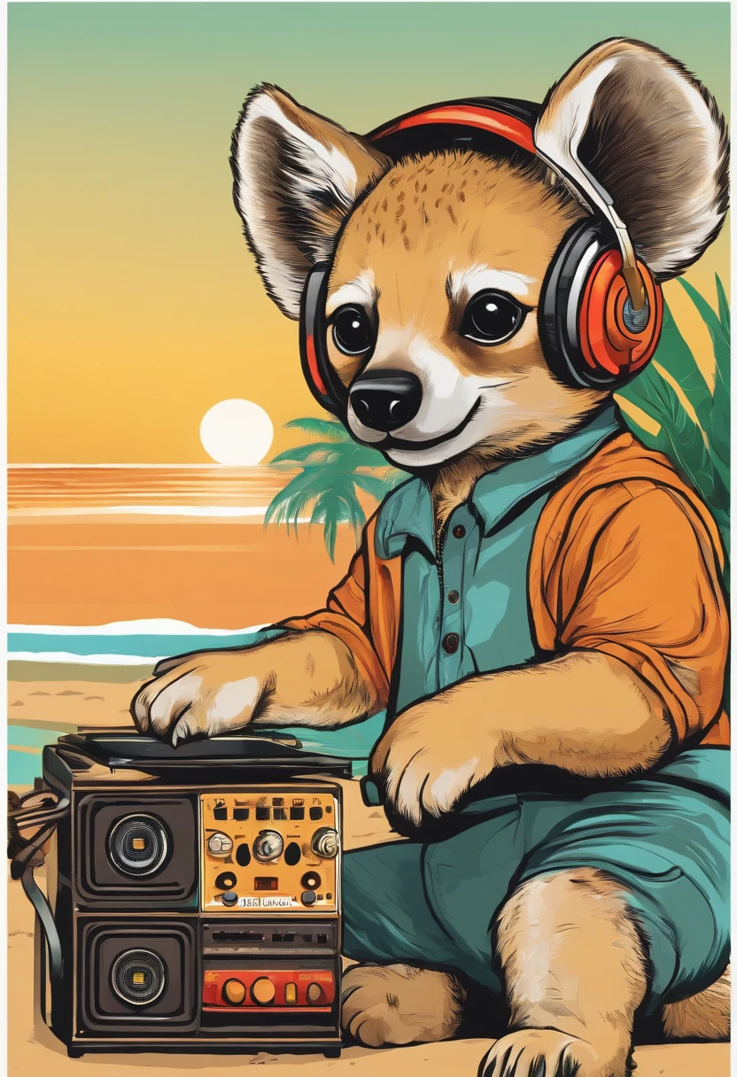 Cute stickers,  hyena DJing with headphones, Tropical Beach, colourfull、Retro Classic, simple drawing,３〜６Stickers for seniors