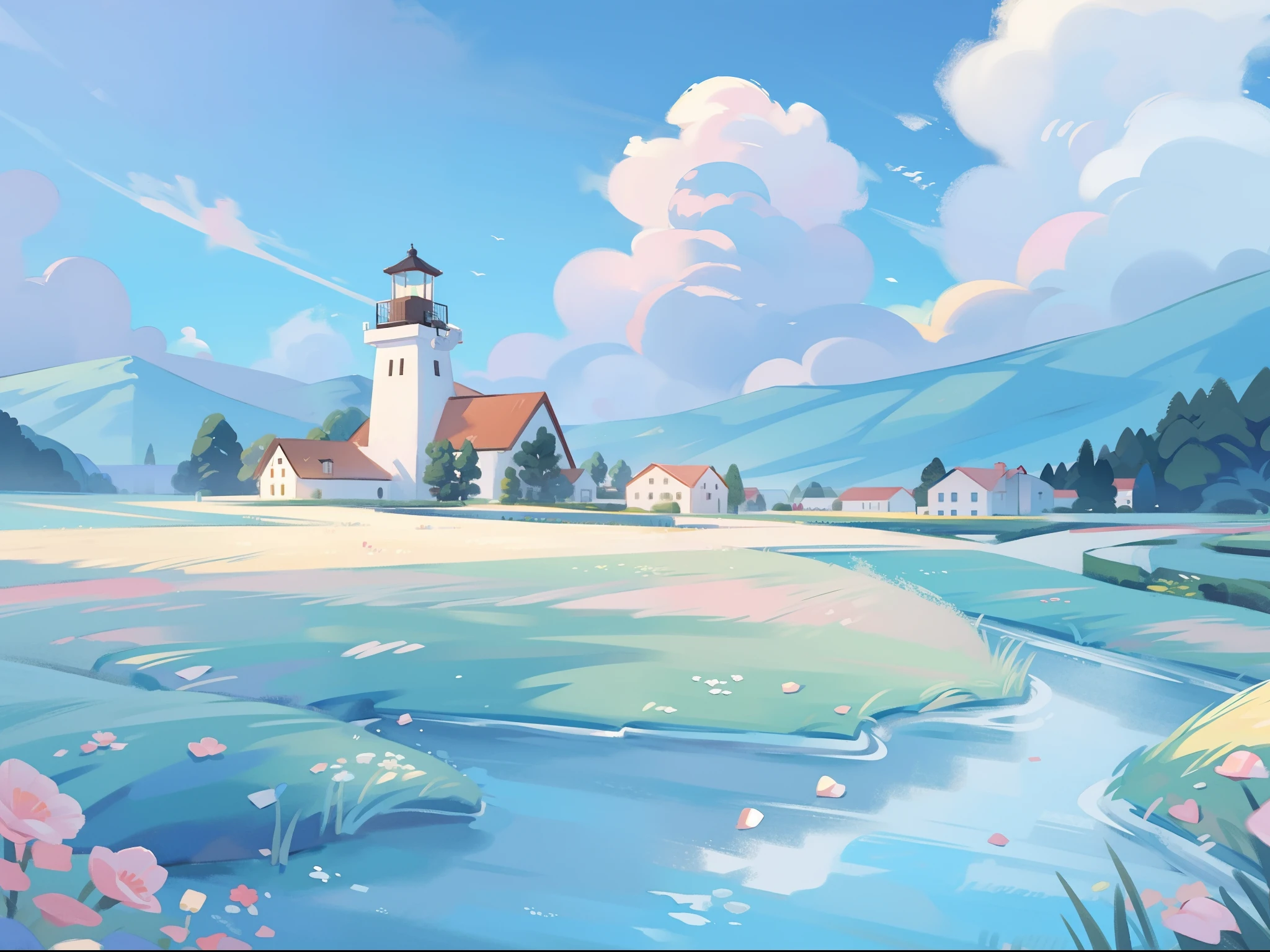 watercolor, children's storybook illustration, clouds, colorful, pastel colors, bright, ((masterpiece)), ((best quality)), 8k, intricate detail, high resolution, highly detailed environment, perfect architecture, sharp focus, highly detailed, fine detail, masterpiece, best quality, tiny details, watercolor storybook illustration, ocean fantasy, watercolor illustration, vibrant colors, village, buildings, houses, lighthouse, ships