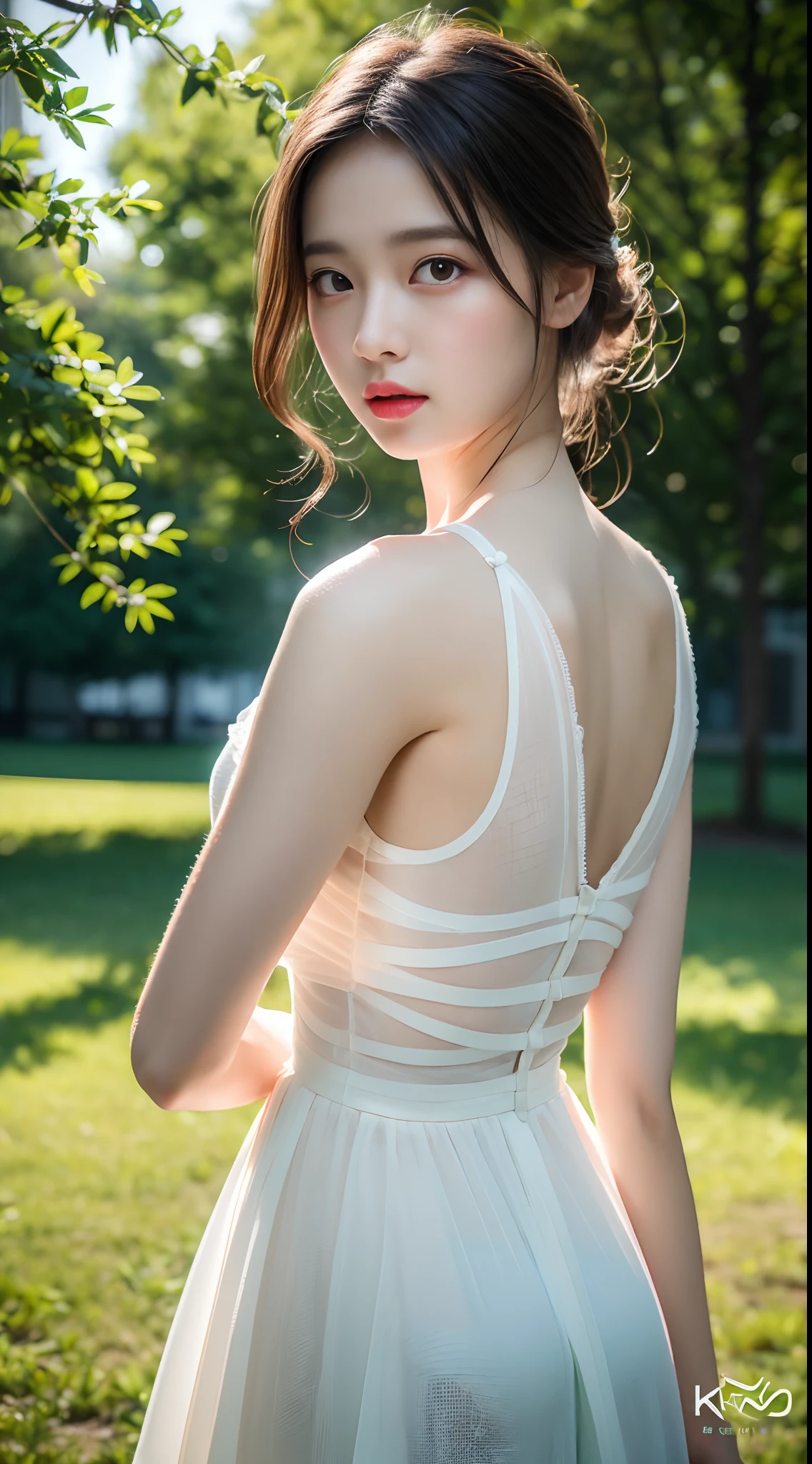 (8k, RAW photo, best quality, masterpiece:1.2), (realistic, photo-realistic:1.37), professional lighting, photon mapping, radiosity, Korean Doll, park, white summer dress