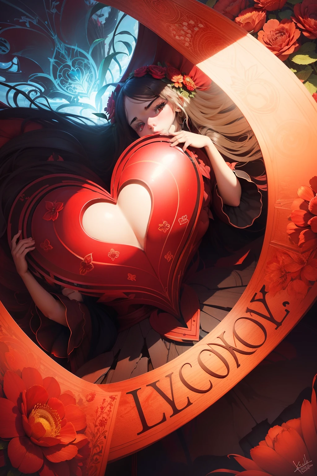 I ❤️ U", Four huge red, perfectly shaped,  wooden letter cutouts, spelling the word “LOVE", with flowers, radiating affection, amongst a collage of various elements: [ a landscape | a soft translucent rainbow  | fluffy clouds | blue sky] , fantasy art by [Greg Simkins | Andy Kehoe], wallpaper art, printable