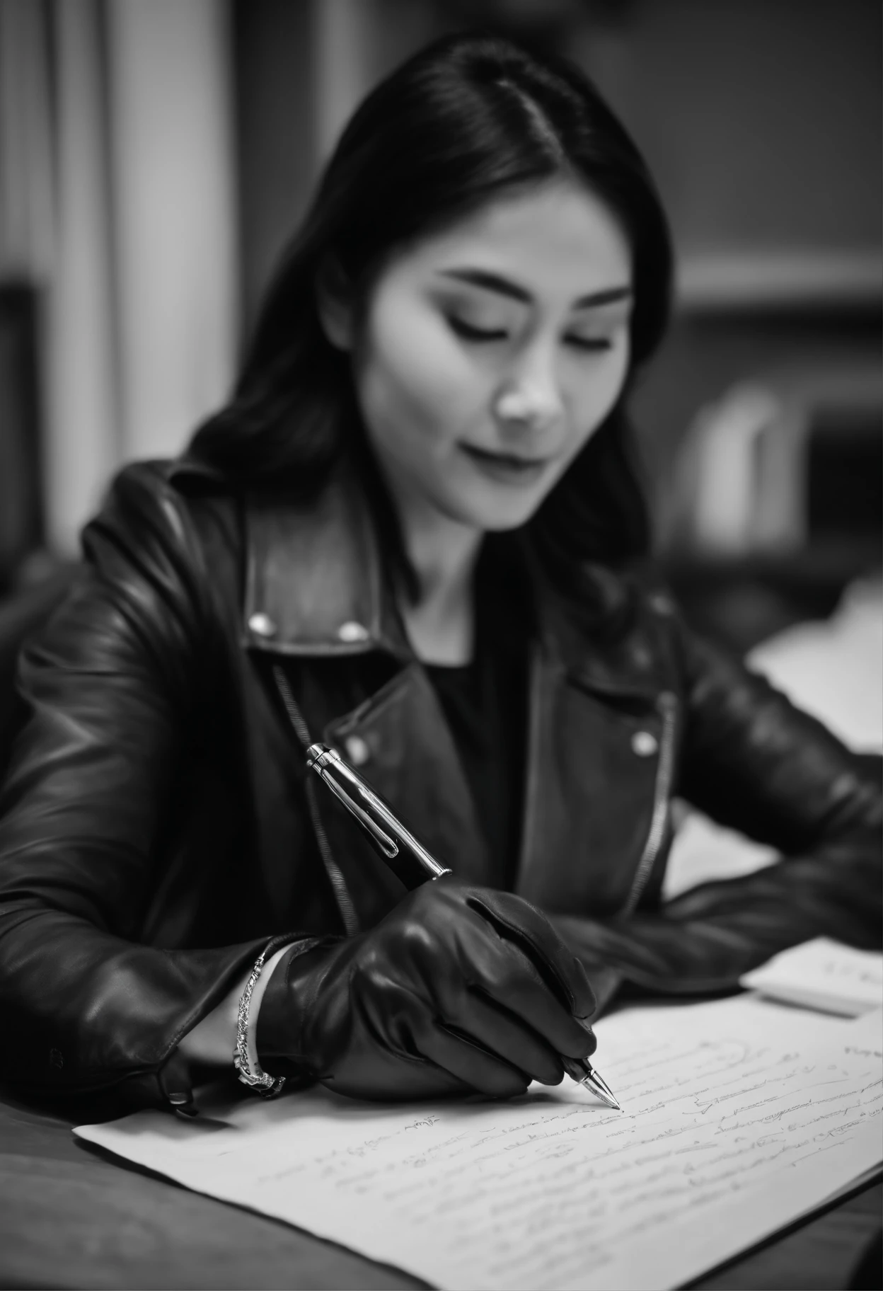 Wearing black leather gloves in both hands, upper body, black leather rider jacket, facing the desk in the dark study, looking down and smiling, writing a letter using a fountain pen, black hair long straight, young Japanese woman (black leather gloves cover both hands)