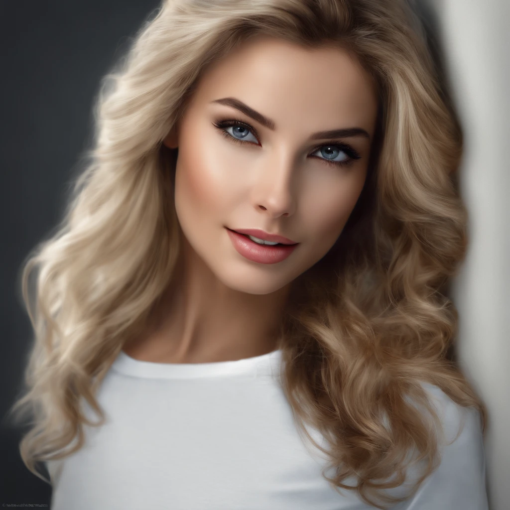(photo: 1.3) af (realism: 1.4), (((white T-shirt))), (blond lady), super high resolution, (realism: 1.4), 1 girl, female avatar, soft light, Black hair, smile, facial focus, cheerful, young, confident, ((gray background)), (((monochrome background))), high definition, details, slightly looking up, perfect picture, movie quality, ultra high definition, Female avatar, beautiful girl, young and beautiful, exquisite face, elegant and luxurious