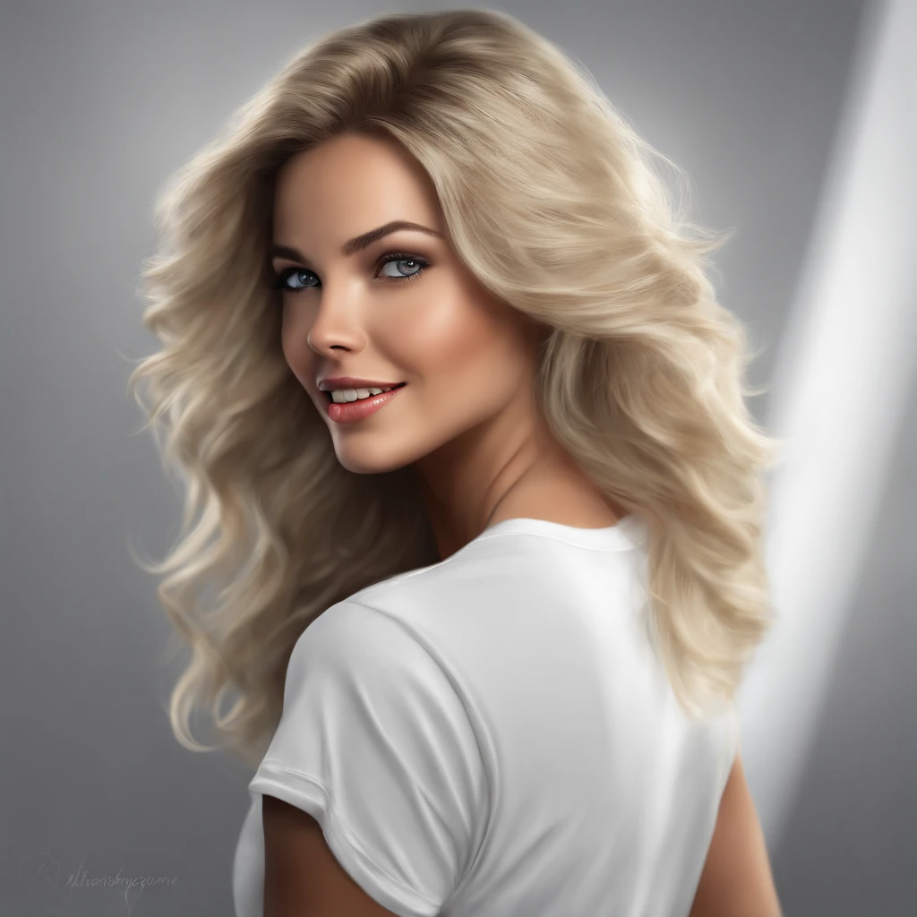 (photo: 1.3) af (realism: 1.4), (((white T-shirt))), (blond lady), super high resolution, (realism: 1.4), 1 girl, female avatar, soft light, Black hair, smile, facial focus, cheerful, young, confident, ((gray background)), (((monochrome background))), high definition, details, slightly looking up, perfect picture, movie quality, ultra high definition, Female avatar, beautiful girl, young and beautiful, exquisite face, elegant and luxurious