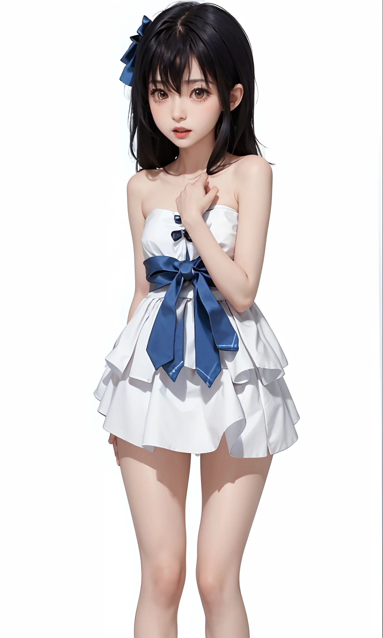 solo, black hair, dress, 1girl, open mouth, brown eyes, white background, long hair, collarbone, white dress, simple background, hair between eyes, strapless, blush, bare shoulders, looking at viewer, standing, strapless dress, blue ribbon, shiny, blue bow