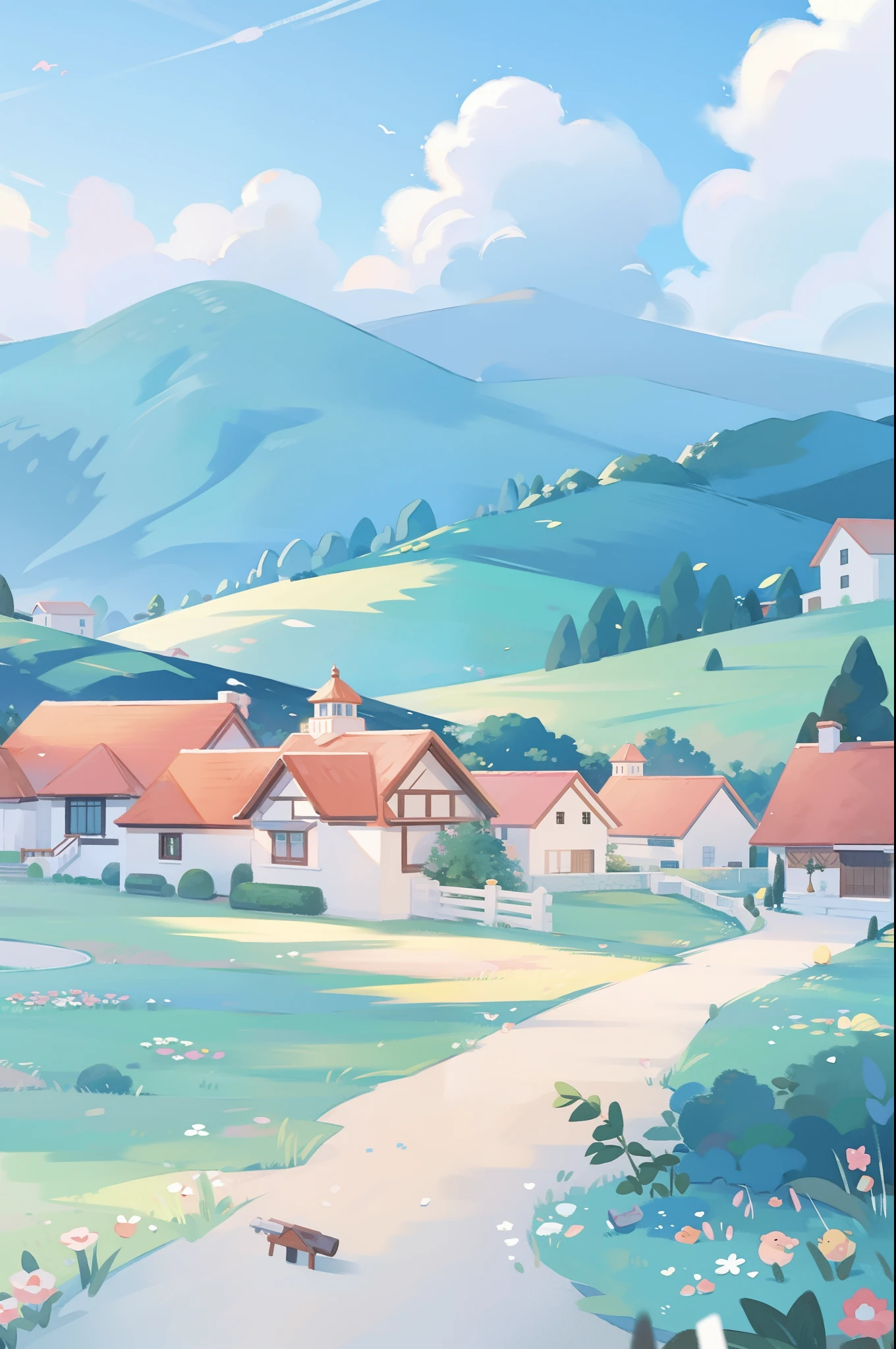 watercolor, children's storybook illustration, clouds, colorful, pastel colors, bright, ((masterpiece)), ((best quality)), 8k, intricate detail, high resolution, highly detailed environment, perfect architecture, sharp focus, highly detailed, fine detail, masterpiece, best quality, tiny details, watercolor storybook illustration, ocean fantasy, watercolor illustration, vibrant colors, village, buildings, houses, lighthouse, ships