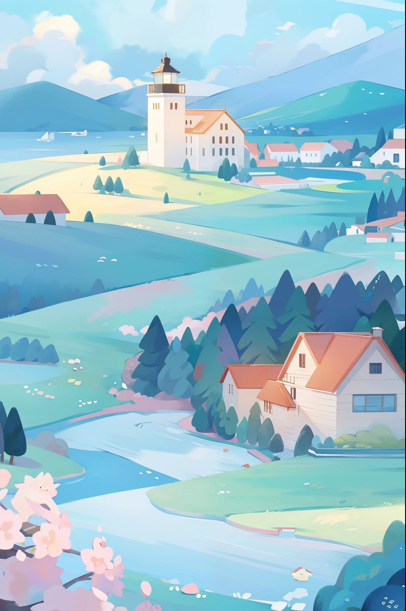watercolor, children's storybook illustration, clouds, colorful, pastel colors, bright, ((masterpiece)), ((best quality)), 8k, intricate detail, high resolution, highly detailed environment, perfect architecture, sharp focus, highly detailed, fine detail, masterpiece, best quality, tiny details, watercolor storybook illustration, ocean fantasy, watercolor illustration, vibrant colors, village, buildings, houses, lighthouse, ships