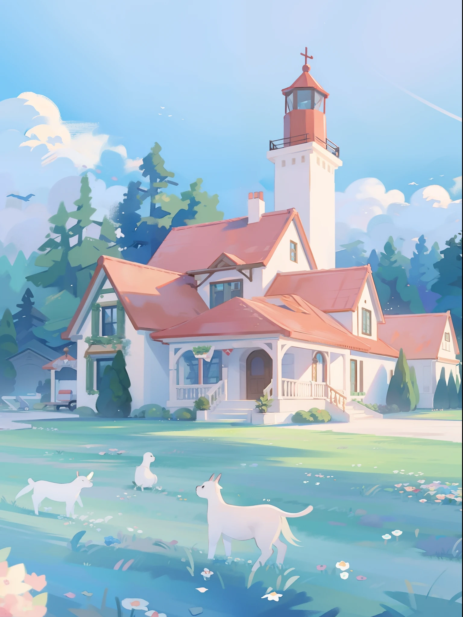 watercolor, children's storybook illustration, clouds, colorful, pastel colors, bright, ((masterpiece)), ((best quality)), 8k, intricate detail, high resolution, highly detailed environment, perfect architecture, sharp focus, highly detailed, fine detail, masterpiece, best quality, tiny details, watercolor storybook illustration, ocean fantasy, watercolor illustration, vibrant colors, village, buildings, houses, lighthouse, ships