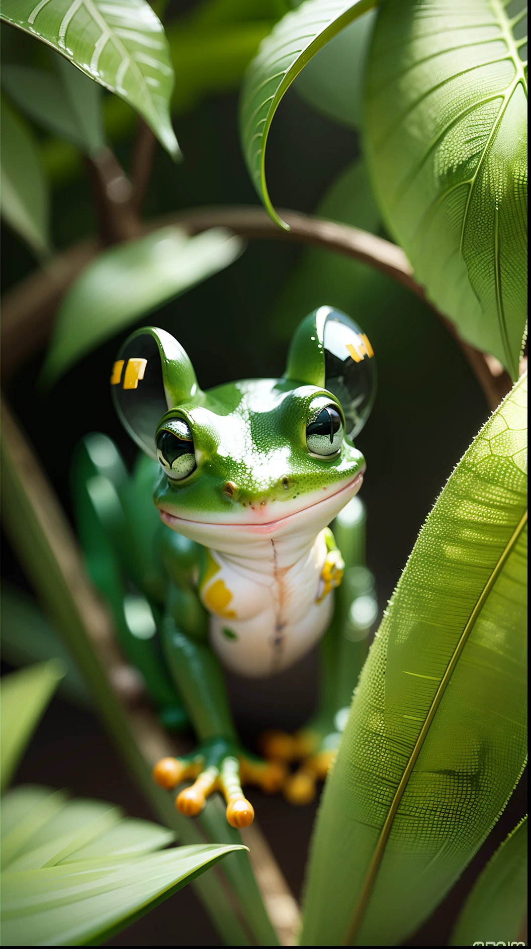 transparent glass frog transparent green glass body frog head realistic photo, walking with headphones on the head, Amazon rainforest, very green river in the background of the scene, smille, life style --auto --s2