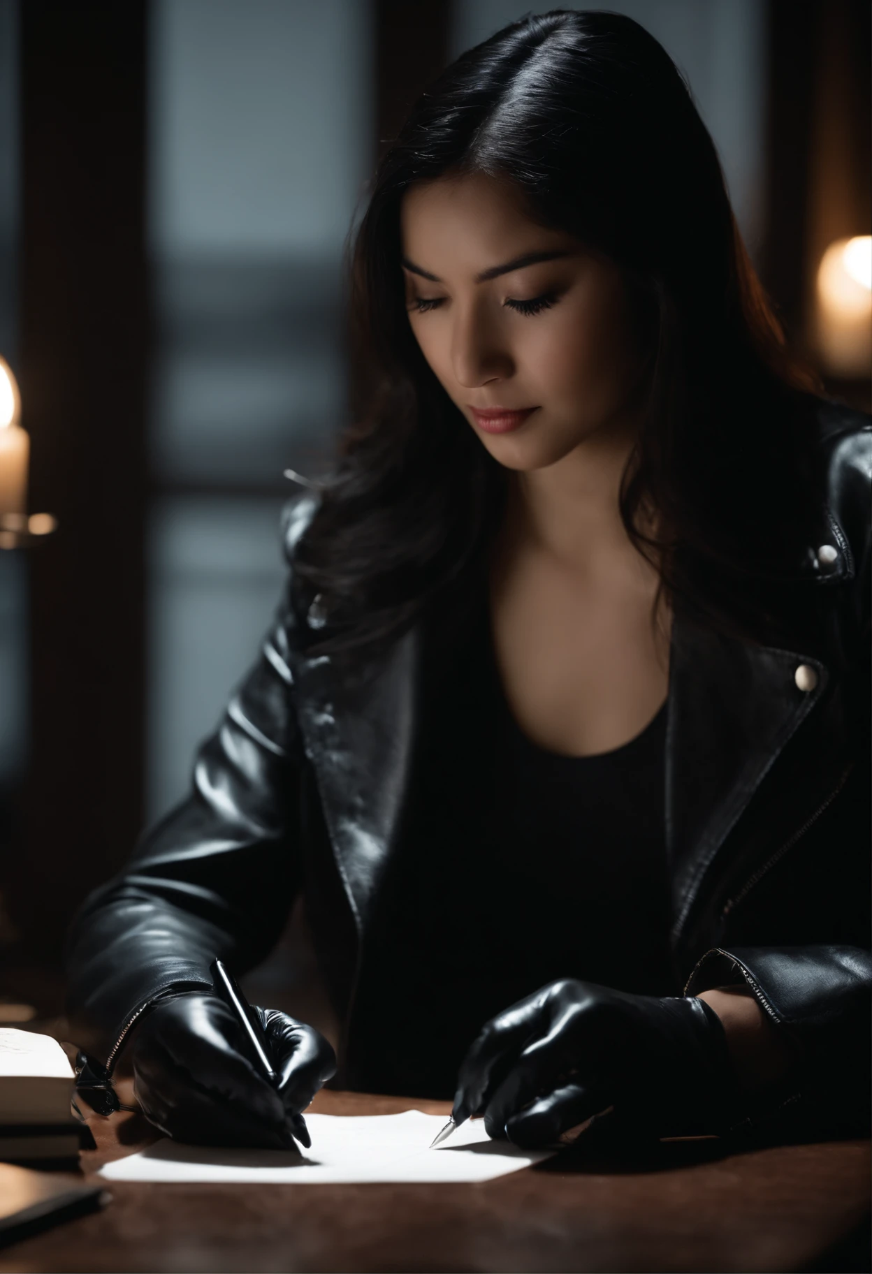 Wearing black leather gloves in both hands, upper body, black leather rider jacket, facing the desk in the dark study, looking down and smiling, writing a letter using a fountain pen, black hair long straight, young Japanese woman (black leather gloves cover both hands)