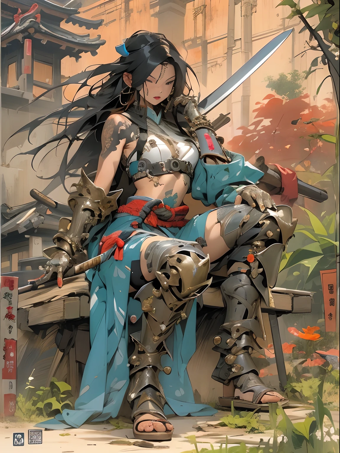 (((woman))), (((best qualityer))), (((tmasterpiece))), (((AS-Adult))), ((( Japanese ))), Look up from your knees, A beautiful asian samurai woman with perfect body, Modern samurai, ((( Asian))), Wear gloves on your hands,The left arm is made of steel and metal tips,Made of protective devices, The eyes are pulled, (( Appears below the breast )), (( Small dental floss )), Simon Bisley, Almost naked(Simon Bisley)Castle City Wilderness,For high-resolution posters, hair straight, Minimum clothing, armure (Crazy clothes ), Full of tips and rivets, tribal tattoos, (((full bodyesbian))), Straight brunette hair,Colored hair ends