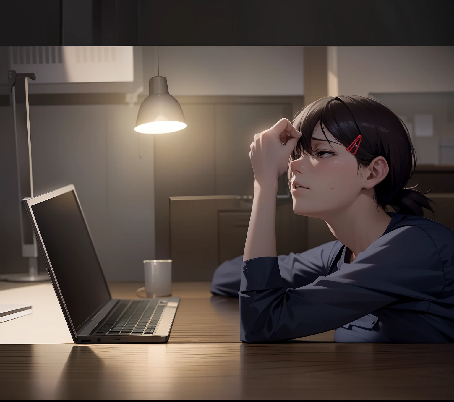 Woman sitting at desk,There is a laptop in front of you, woman very tired, dim lit, movie still of a tired, hard lighting!, lightsout, Dim fluorescent lamps, Dim lighting, sleep deprived, inadequate light, hard lighting, light falling on face, movie screen shot, photo - shot, Low lighting, late night melancholic photo