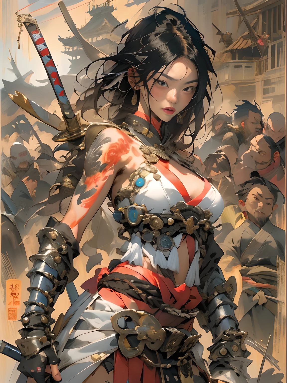 (((woman))), (((best qualityer))), (((tmasterpiece))), (((AS-Adult))), ((( Japanese ))), Look up from your knees, A beautiful asian samurai woman with perfect body, Modern samurai, ((( Asian))), Wear gloves on your hands,The left arm is made of steel and metal tips,Made of protective devices, The eyes are pulled, (( Appears below the breast )), (( Small dental floss )), Simon Bisley, Almost naked(Simon Bisley)Castle City Wilderness,For high-resolution posters, hair straight, Minimum clothing, armure (Crazy clothes ), Full of tips and rivets, tribal tattoos, (((full bodyesbian))), Straight brunette hair,Colored hair ends