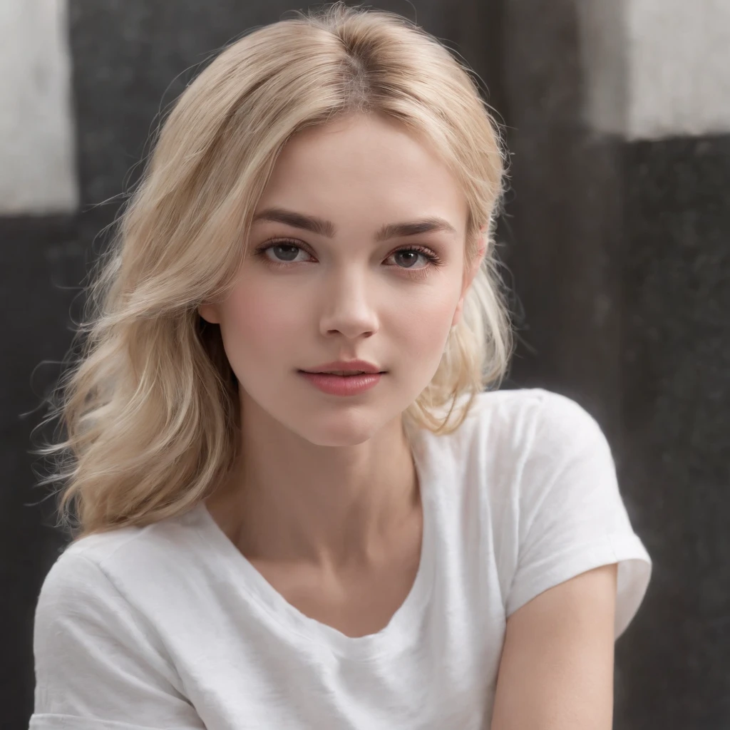 A woman with blonde hair and a white shirt sitting on a chair - SeaArt AI