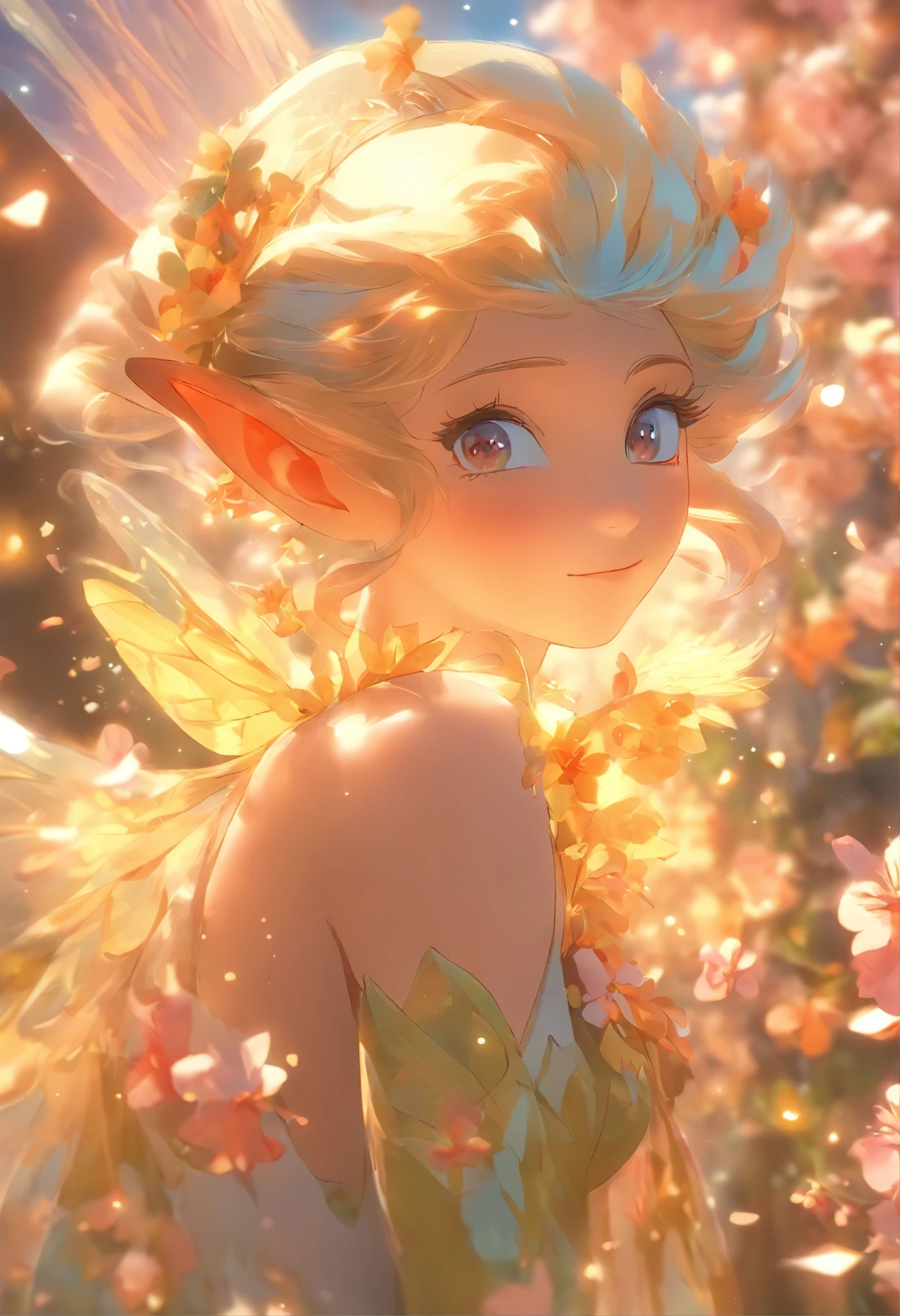 one-girl,Elf in flowers,A pair of transparent elf wings,A skirt made up of petals,Petals drifting towards the sky,(More than 20 kinds of flowers),(Petals of various flowers),