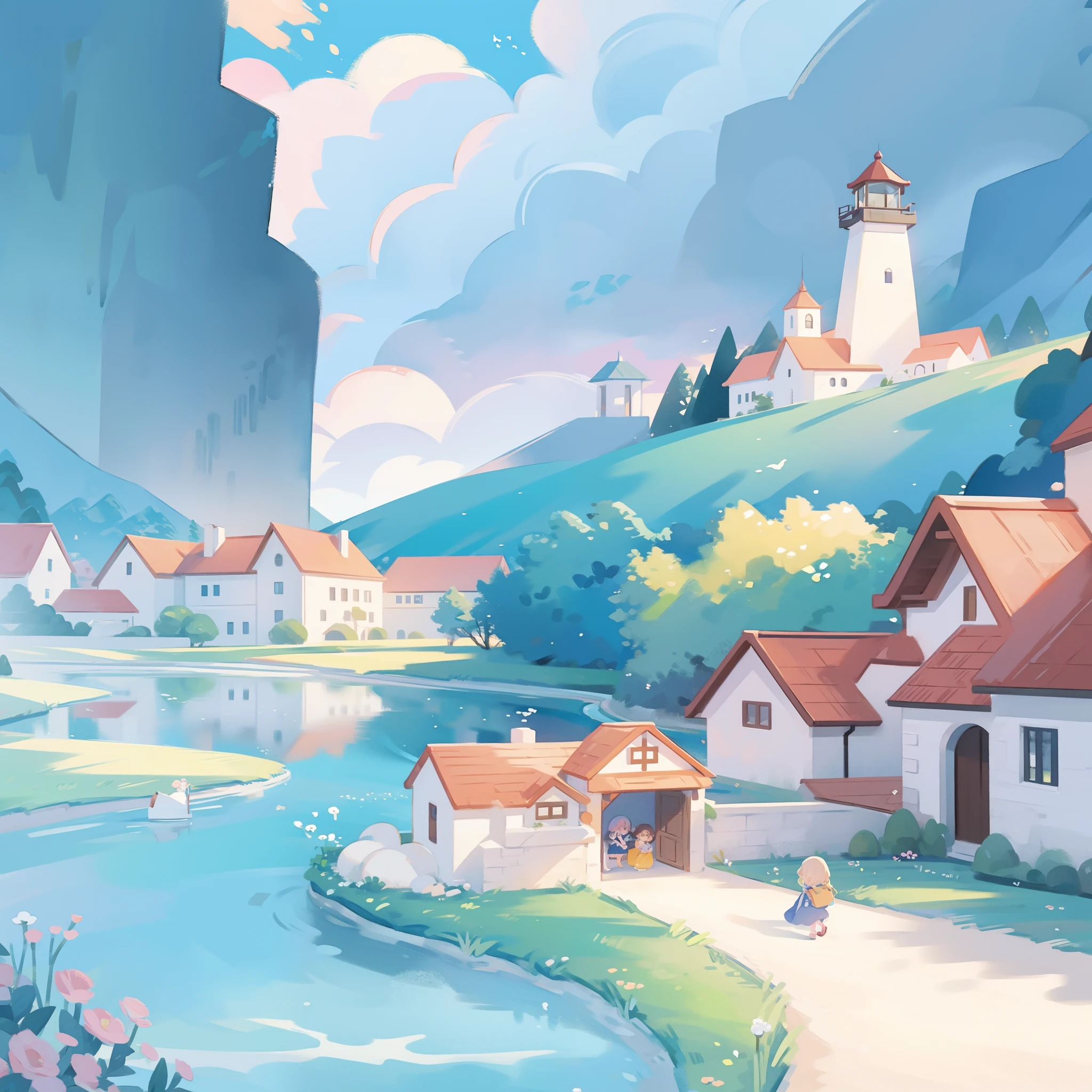 watercolor, children's storybook illustration, clouds, colorful, pastel colors, bright, ((masterpiece)), ((best quality)), 8k, intricate detail, high resolution, highly detailed environment, perfect architecture, sharp focus, highly detailed, fine detail, masterpiece, best quality, tiny details, watercolor storybook illustration, ocean fantasy, watercolor illustration, vibrant colors, village, buildings, houses, lighthouse, ships