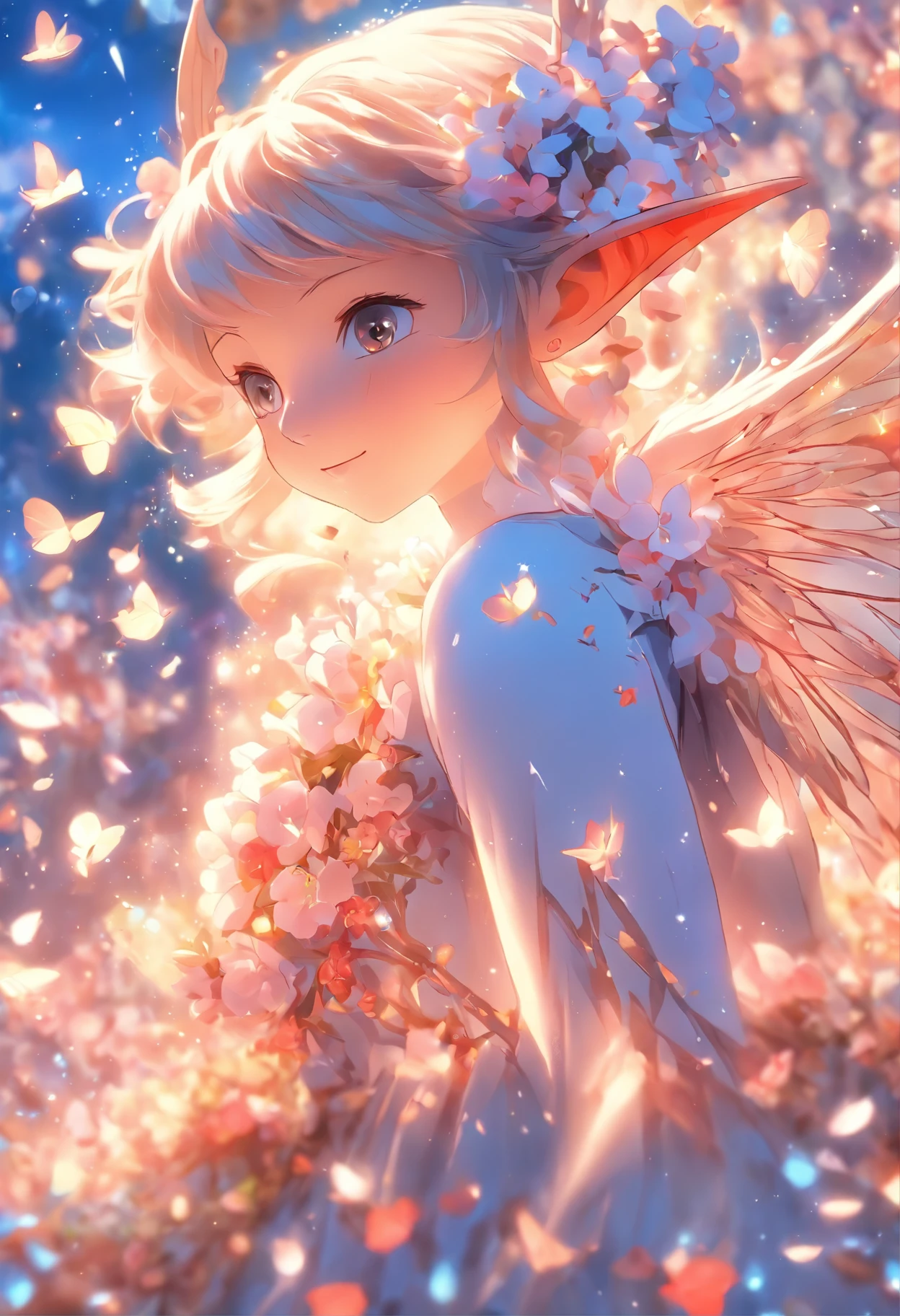 one-girl，Elf in flowers，A pair of transparent elf wings，A skirt made up of petals，Petals drifting towards the sky，（More than 20 kinds of flowers），（Petals of various flowers），