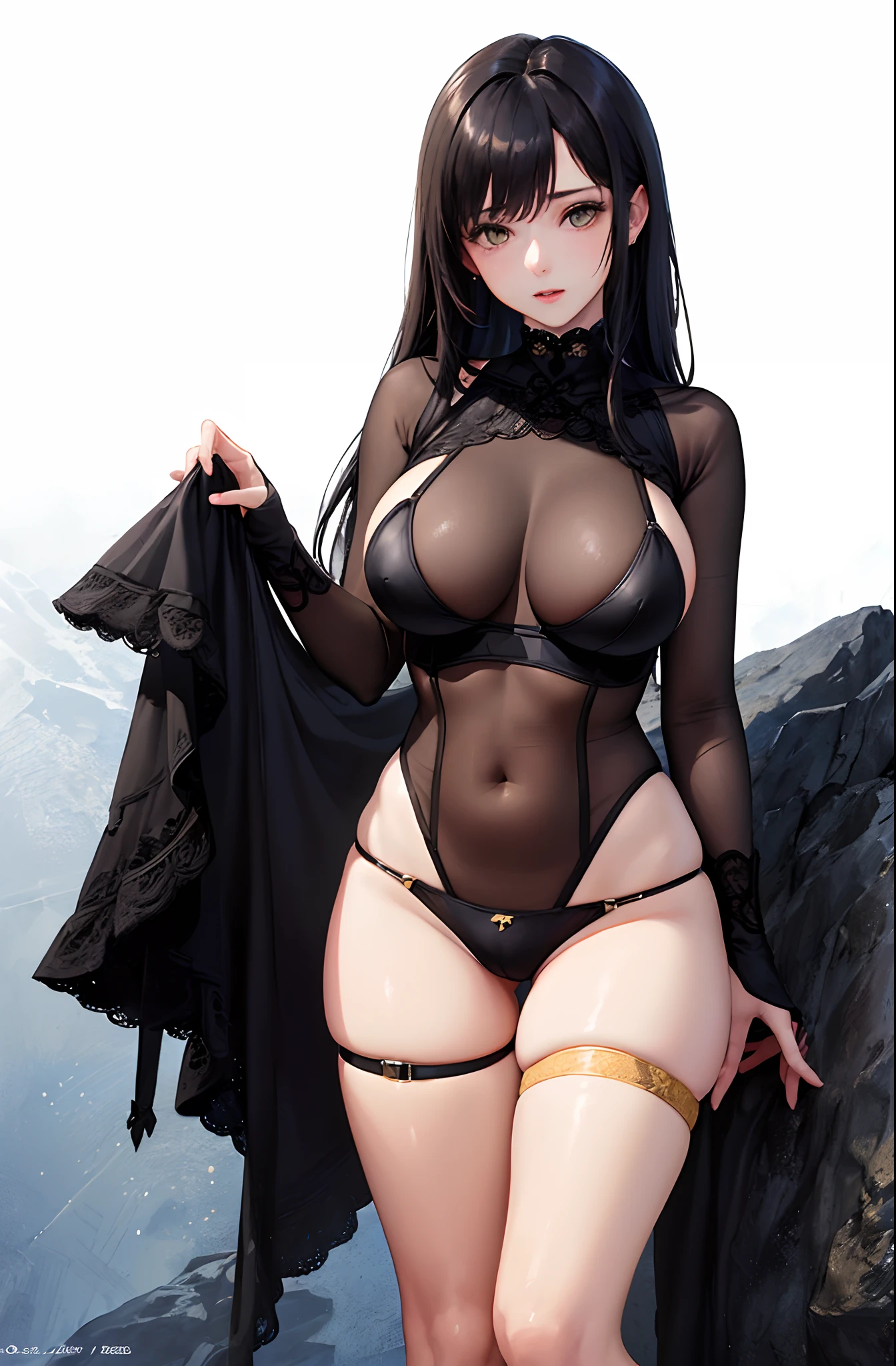 (((masterpiece、top-quality、top-quality、Official art、Beautifully Aesthetic:1.2)))、Sheer clothes、(1girl in:1.3)、、ighly detailed、highestdetailed、A dark-haired、(((Yellow underwear)))、(((shinny skin)))、(((Colossal tits)))、large full breasts、Sheer areol、(((Black Knee High Socks)))