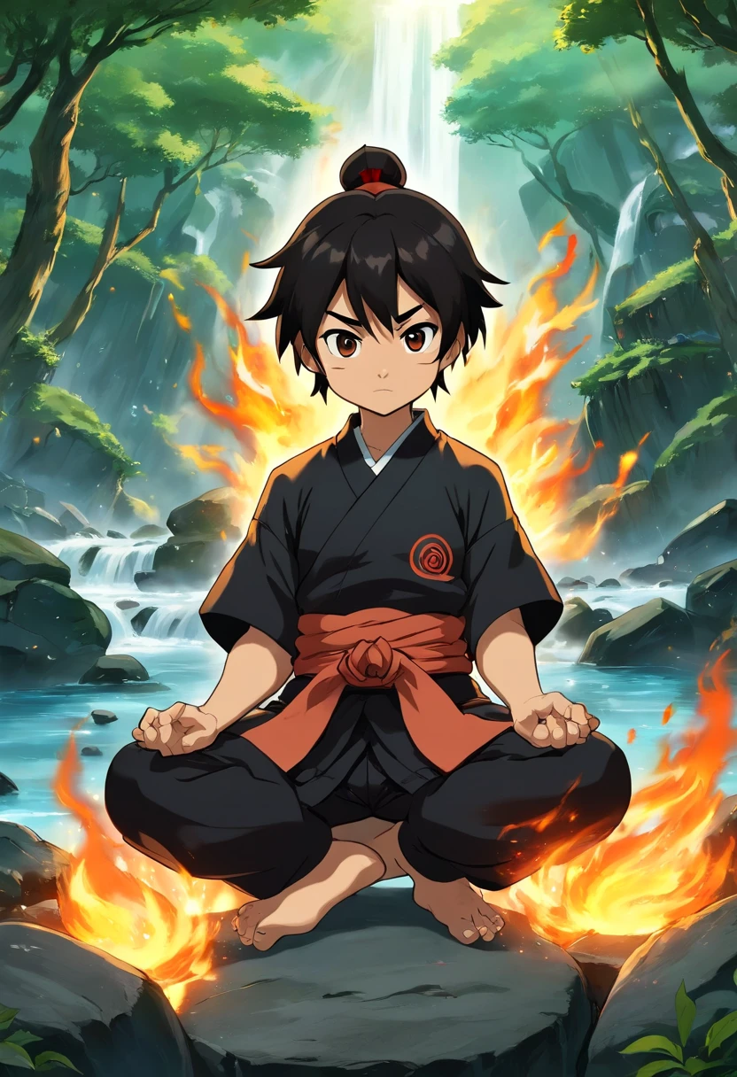 anime do studio ghibli |, melhor qualidade, anime, 1st grade, Ryu, Fire Nation Clothing, Ryu (Sopro de Fogo), masculino, universo (avatar the last airbender), sozinho, cabelos pretos, fire, fogo azul com brasa negros, fogo azul com brasa negros pelo corpo, Escuro, Cabelo samurai, olhos fechados, Meditando, sentado, Avatar Meditation, Meditation training, , Fundo Cachoeira, Ryu sopro de fogo, Dominador de Fogo, - Avatar Universe or Last Airbender, roupa preta, blusa preta, luvas pretas, gola alta, black baggy puffy pants, roupa all black, camisa preta de manga comprida.