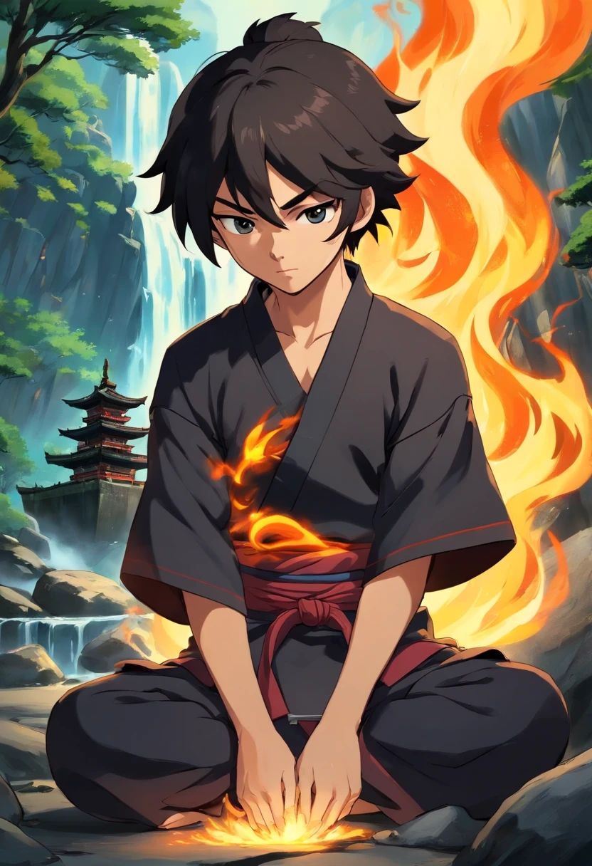 anime do studio ghibli |, melhor qualidade, anime, 1st grade, Ryu, Fire Nation Clothing, Ryu (Sopro de Fogo), masculino, universo (avatar the last airbender), sozinho, cabelos pretos, fire, fogo azul com brasa negros, fogo azul com brasa negros pelo corpo, Escuro, Cabelo samurai, olhos fechados, Meditando, sentado, Avatar Meditation, Meditation training, 16 anos, Fundo Cachoeira, Ryu sopro de fogo, Dominador de Fogo, - Avatar Universe or Last Airbender, roupa preta, blusa preta, luvas pretas, gola alta, black baggy puffy pants, roupa all black, camisa preta de manga comprida.