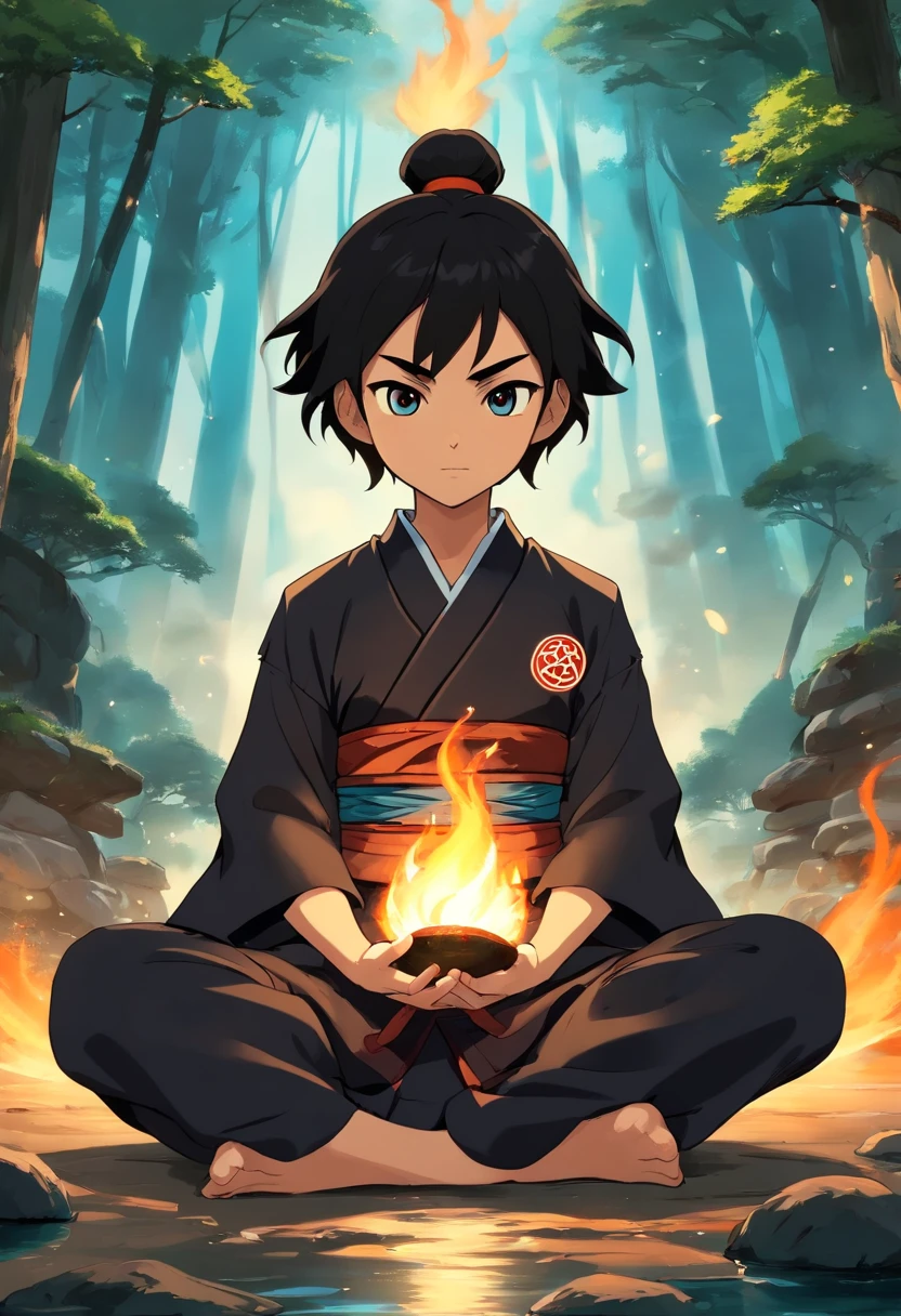 anime do studio ghibli |, melhor qualidade, anime, , Ryu, Fire Nation Clothing, Ryu (Sopro de Fogo), masculino, universo (avatar the last airbender), sozinho, cabelos pretos, fire, fogo azul com brasa negros, fogo azul com brasa negros pelo corpo, Escuro, Cabelo samurai, olhos fechados, Meditando, sentado, Avatar Meditation, Meditation training, 16 anos, Fundo Cachoeira, Ryu sopro de fogo, Dominador de Fogo, - Avatar Universe or Last Airbender, roupa preta, blusa preta, luvas pretas, gola alta, black baggy puffy pants, roupa all black, camisa preta de manga comprida.