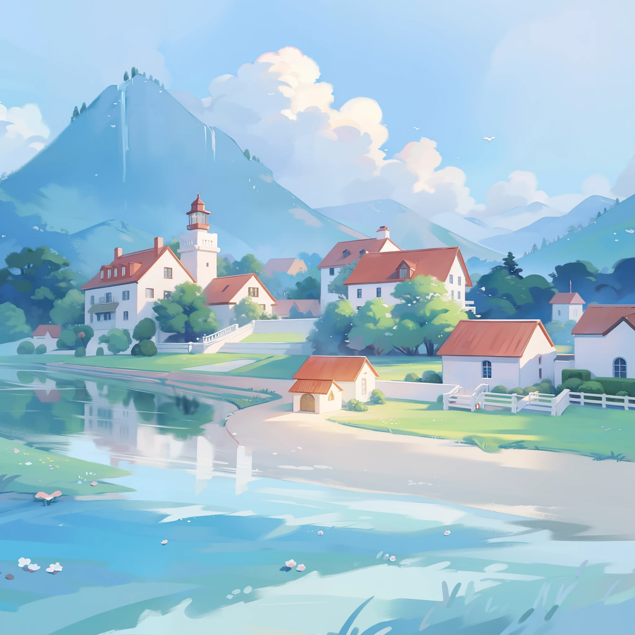 watercolor, children's storybook illustration, clouds, colorful, pastel colors, bright, ((masterpiece)), ((best quality)), 8k, intricate detail, high resolution, highly detailed environment, perfect architecture, sharp focus, highly detailed, fine detail, masterpiece, best quality, tiny details, watercolor storybook illustration, ocean fantasy, watercolor illustration, vibrant colors, village, buildings, houses, lighthouse, ships