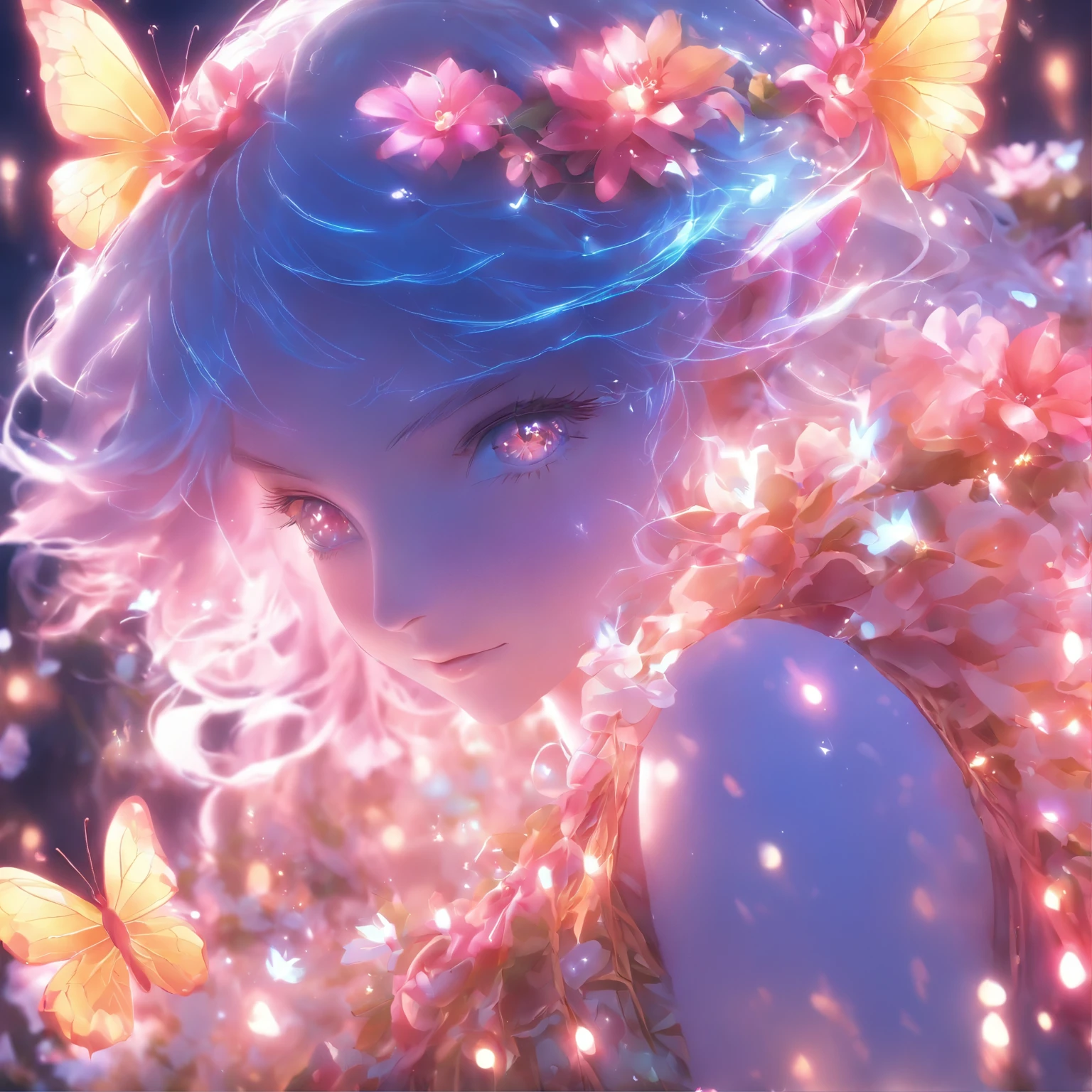 one-girl,closeup cleavage,Elves in flowers,A pair of transparent butterfly wings,Colorful wings,(A skirt composed of petals:1.5),The petals float into the sky,(Petals of various flowers),best qualtiy,tmasterpiece,Photorealsitic,Photorealistic image quality,The dawn effect,Beam light