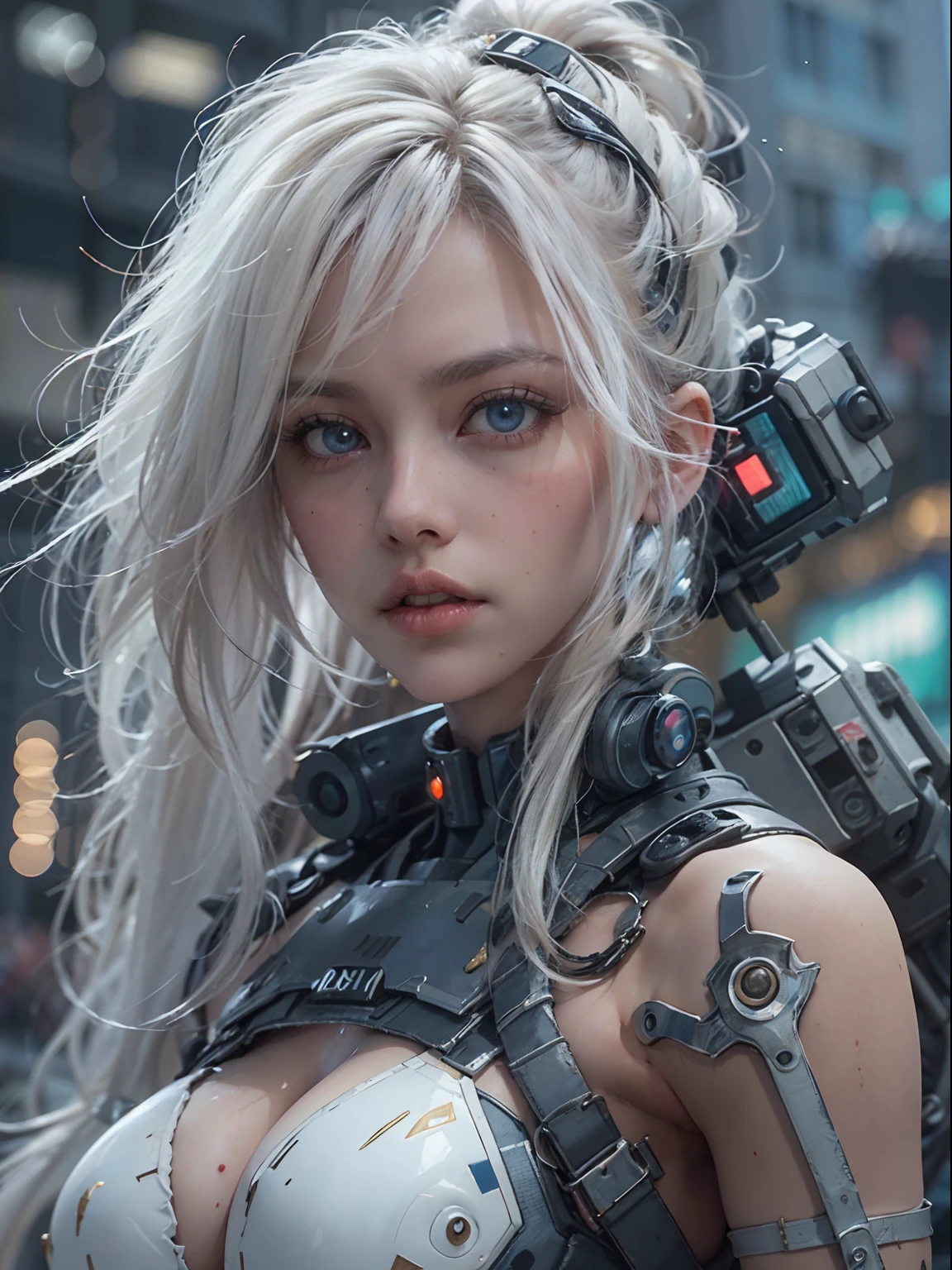 nsfw, 1girl, nude body, cyberpunk, mecha armor, mechanical, (masterpiece: 1.4), (8K, realistic, raw photo, best quality: 1.4), nipple areola shape clear, Japanese girl, small breasts, beautiful cute face, (real face: 1.4), perfect pussy, beautiful hairstyle, realistic blue eyes, beautiful detail eyes, (real skin: 1.3), beautiful skin, attractive, ultra high resolution, ultra realistic, city ruins, post apocalyptic world, cinematic lighting, white colored hair, long hair, twin ponytails, blue ribbons, angry face, weapon in hands, futuristic fantasy, legs open, bottom_view, battle pose