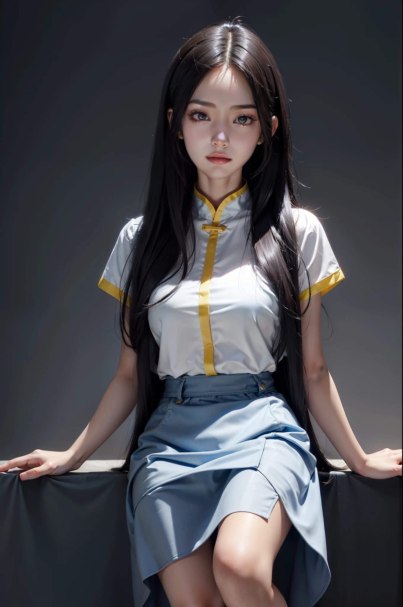 Beautiful Chinese woman, nice and perfect face,Soft skin, petty face,Nose and rose-like lips, Beautiful eyes, Beautiful smile. black, thin and long beautiful hair bathed in a bright etheric shine. Gradient highlight gray layer, loose fluffy medium hairstyle, Navy blue band collar shirt × houndstooth yellow flared skirt, Bright neon colorful background, Super realistic photo of woman, High-quality, high-resolution 8K masterpiece
