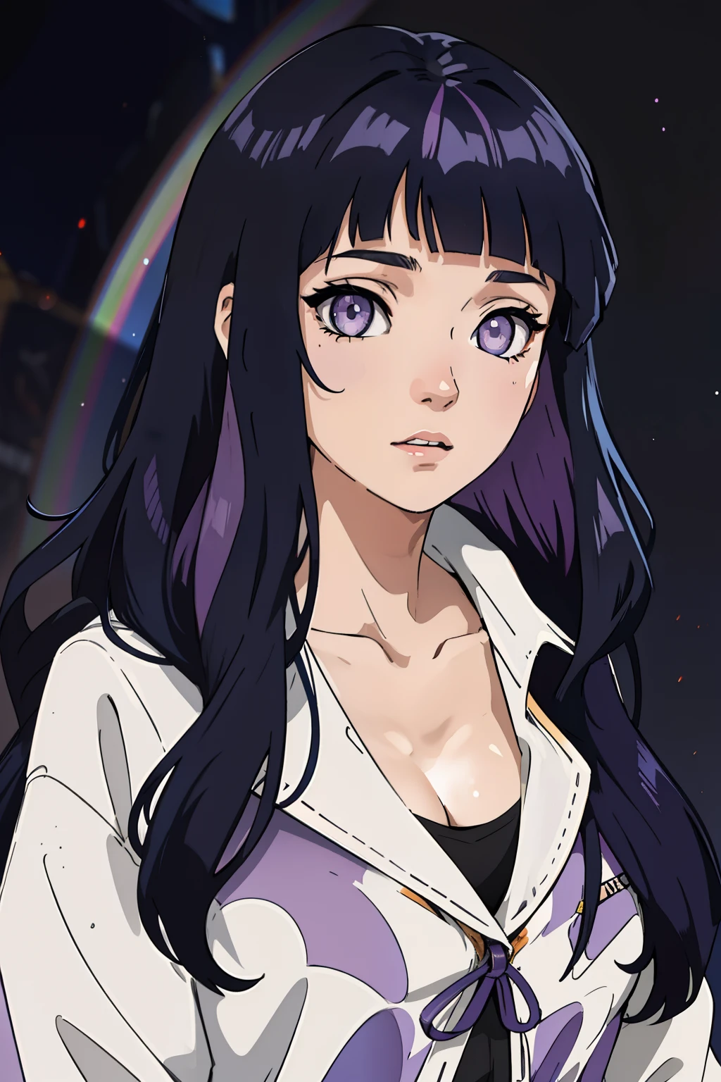 masterpiece, best quality, girl with rainbow hair, really wild hair, mane, Blunt Bangs, purple eyes, long dark blue hair