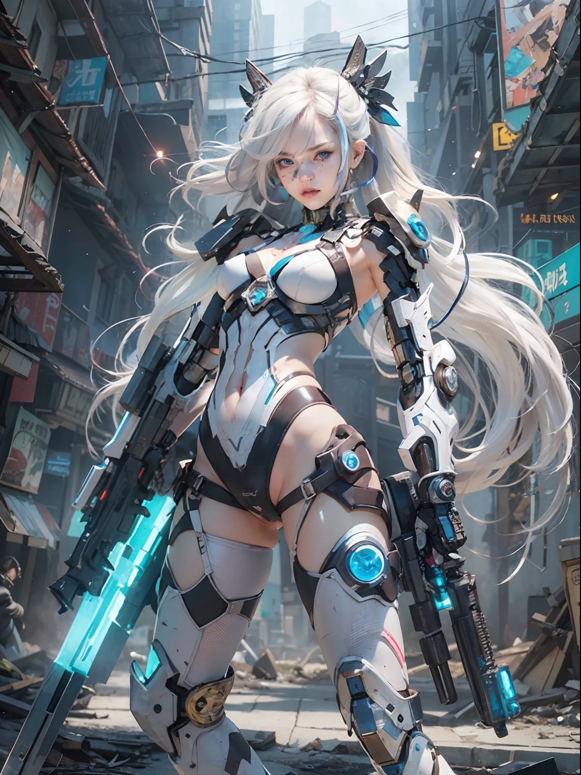 nsfw, 1girl, nude body, cyberpunk, mecha armor, mechanical, (masterpiece: 1.4), (8K, realistic, raw photo, best quality: 1.4), nipple areola shape clear, Japanese girl, small breasts, beautiful cute face, (real face: 1.4), perfect pussy, beautiful hairstyle, realistic blue eyes, beautiful detail eyes, (real skin: 1.3), beautiful skin, attractive, ultra high resolution, ultra realistic, city ruins, post apocalyptic world, cinematic lighting, white colored hair, long hair, twin ponytails, blue ribbons, angry face, weapon in hands, futuristic fantasy, legs open, bottom_view, battle pose