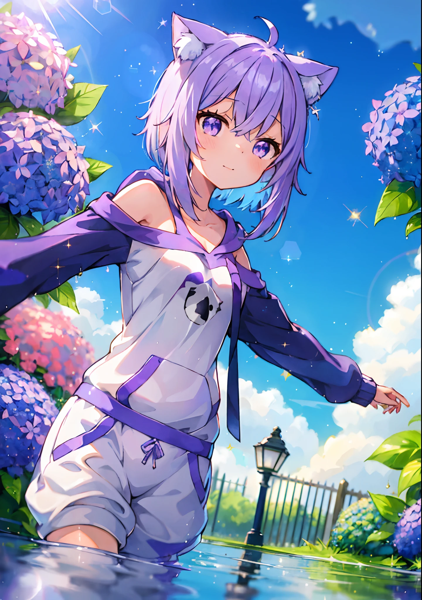 (solo), cute (1girl) walking,path,[from below:1.2],sine short hair, puddle,Water Reflection,rain,floating water drop,hydrangea,(blurry foreground),dynamic angle,asphalt,(blue sky),lens flare,, off-shoulder oversized shirt,(glitter:1.2) presenting armpit, nekomata okayu, cat tail, hoodie, sweatpants,