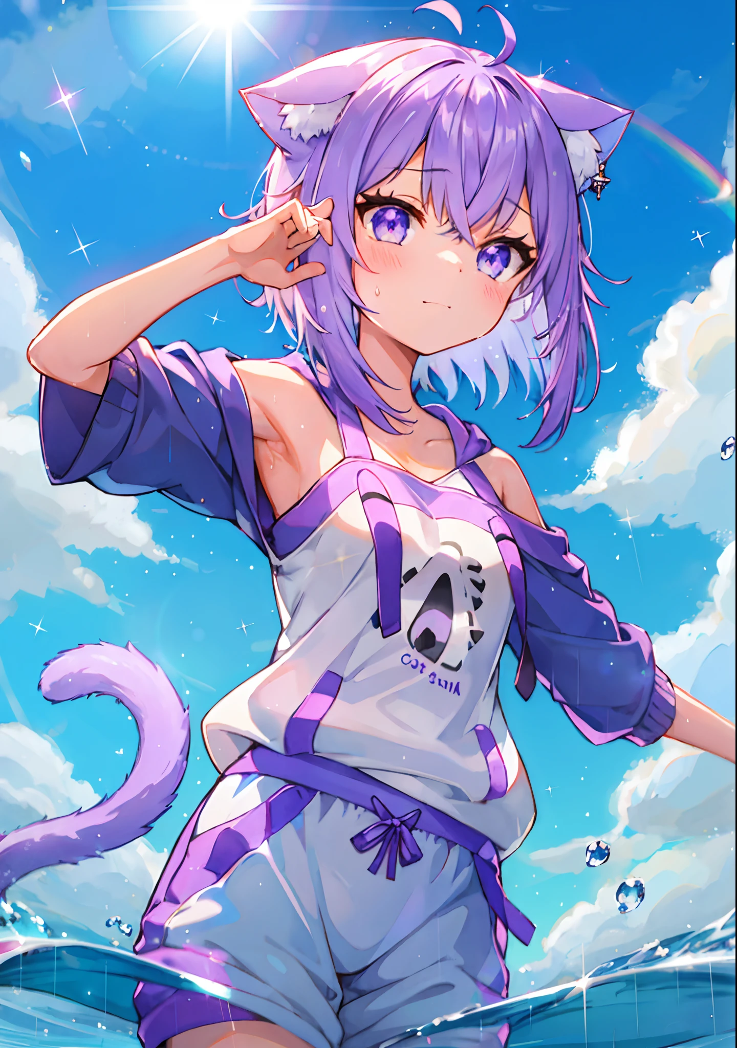 (solo), cute (1girl) walking,path,[from below:1.2],sine short hair, puddle,Water Reflection,rain,floating water drop,hydrangea,(blurry foreground),dynamic angle,asphalt,(blue sky),lens flare,, off-shoulder oversized shirt,(glitter:1.2) presenting armpit, nekomata okayu, cat tail, hoodie, sweatpants,