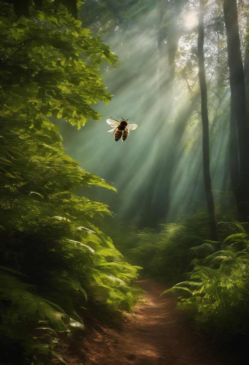 "Produza uma imagem de uma abelha, que destaque-a em pleno voo na Floresta mistica. The bee is portrayed up close, with her wings flapping rapidly as she sails deftly among the mystical trees. The scenery around the bee is a lovely forest, with mysterious trees and vibrant colors, Creating a magical atmosphere."