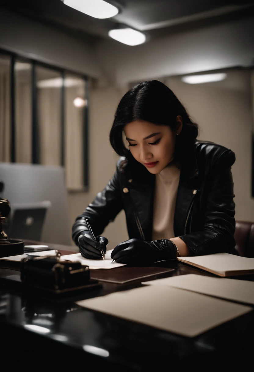 Wearing black leather gloves in both hands, upper body, black leather rider jacket, facing the desk in the dark study, looking down and smiling, writing a letter using a fountain pen, black hair long straight, young Japanese woman (black leather gloves cover both hands)