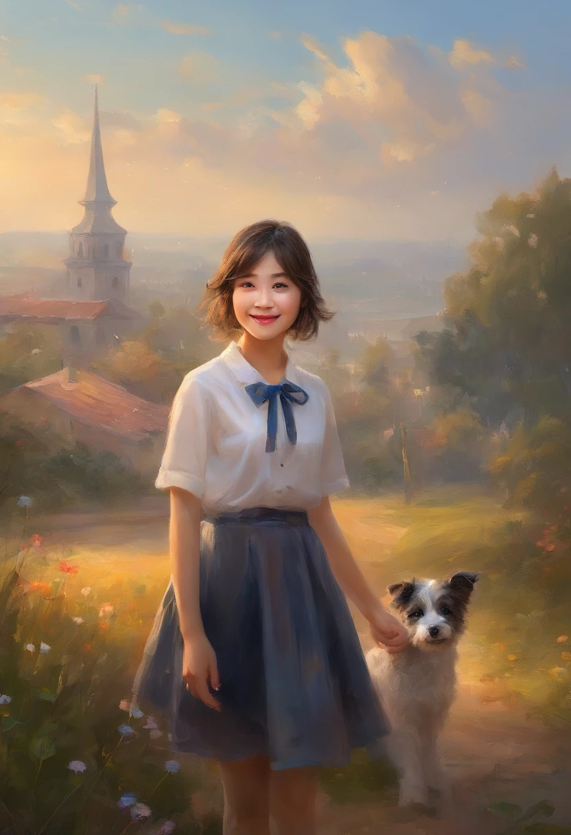 the masterpiece, highest quality, morning walk, a puppy, a girl, cloud girl, floating in the sky, close-up, glowing light, happiness, fresh morning sunlight, (spark:0.7), walking, landscape、(8K、Raw photography、top-quality、masterpiece:1.2)、(realisitic、Photorealsitic:1.37)、ultra-detailliert、
1 girl in、cute little、独奏、Beautiful detailed sky、Detailed Cafe、natta、Standing、date、(blush of the nose)、(A smile:1.1)、(Mouth closed)、tiny chest、seducting smile、Night amusement park、merry-go-round、profetional lighting、Sony A7R4、Zessie 50mm f1.8、
medium breasts、Beautiful Detail Eye、(shirt with collar:1.1)、a bow tie、pleatedskirt、(short-hair:1.2)、Floating hair、Happy smile、Happy smile、17 year old girl