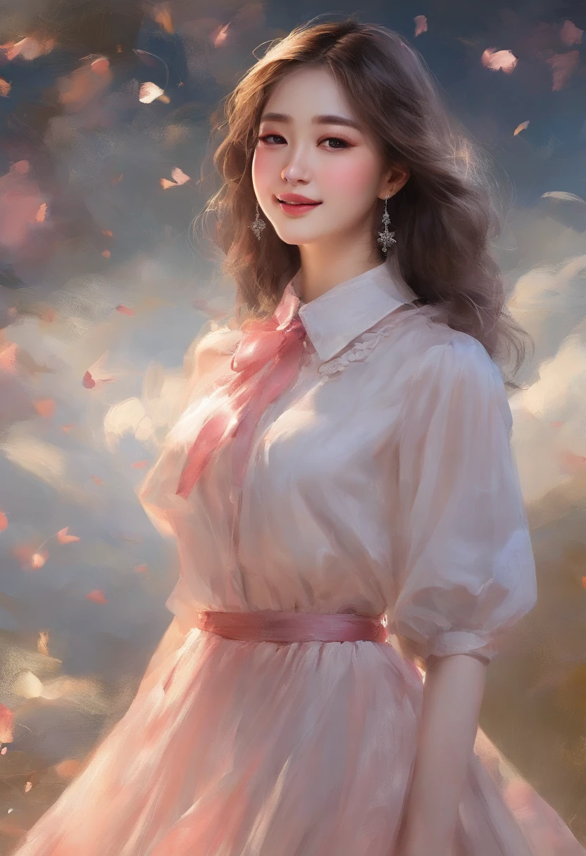 the masterpiece, highest quality, morning walk, a puppy, a girl, cloud girl, floating in the sky, close-up, glowing light, happiness, fresh morning sunlight, (spark:0.7), walking, landscape、(8K、Raw photography、top-quality、​masterpiece:1.2)、(realisitic、Photorealsitic:1.37)、ultra-detailliert、
1 girl in、cute little、独奏、Beautiful detailed sky、Detailed Cafe、natta、Standing、date、(blush of the nose)、(A smile:1.1)、(Mouth closed)、tiny chest、seducting smile、Night amusement park、merry-go-round、profetional lighting、Sony A7R4、Zessie 50mm f1.8、
medium breasts⁩、Beautiful Detail Eye、(shirt with collar:1.1)、a bow tie、pleatedskirt、(short-hair:1.2)、Floating hair、Happy smile、Happy smile、17 year old girl