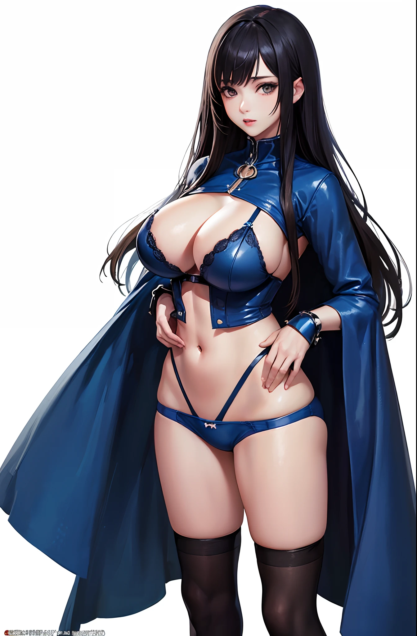 (((masterpiece、top-quality、top-quality、Official art、Beautifully Aesthetic:1.2)))、(1girl in:1.3)、ighly detailed、highestdetailed、A dark-haired、(((Blue underwear)))、(shinny skin)、(((Colossal tits)))、Large Thigh、Sheer areol、(((knee high socks)))、emphasis on the buttocks、Bring out the