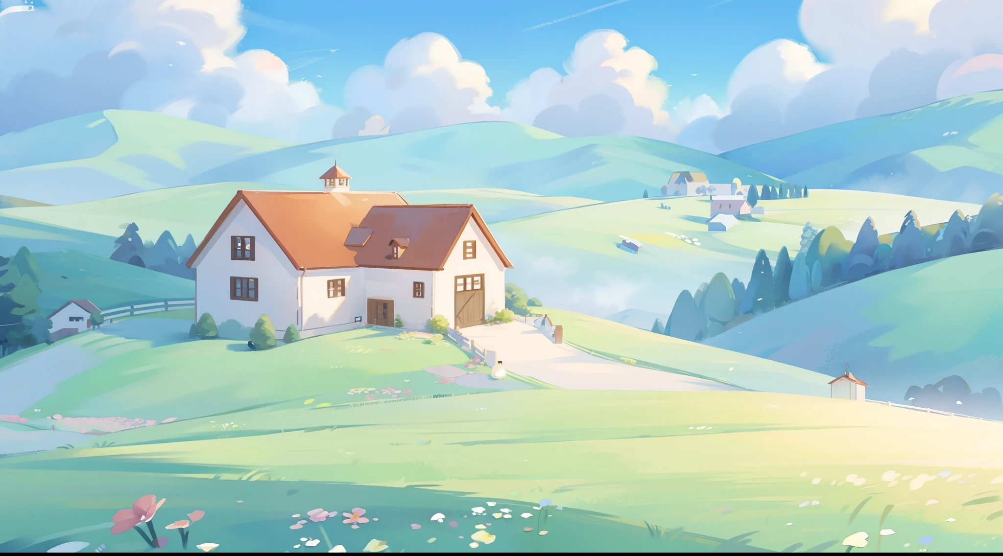 watercolor, children's storybook illustration, clouds, colorful, pastel colors, bright, ((masterpiece)), ((best quality)), 8k, intricate detail, high resolution, highly detailed environment, perfect architecture, sharp focus, highly detailed, fine detail, masterpiece, best quality, tiny details, watercolor storybook illustration, ((countryside)), watercolor illustration, whimsical, bright colors, huge (farmhouse) mansion barn, colorful flowers, (farmland), (farm)